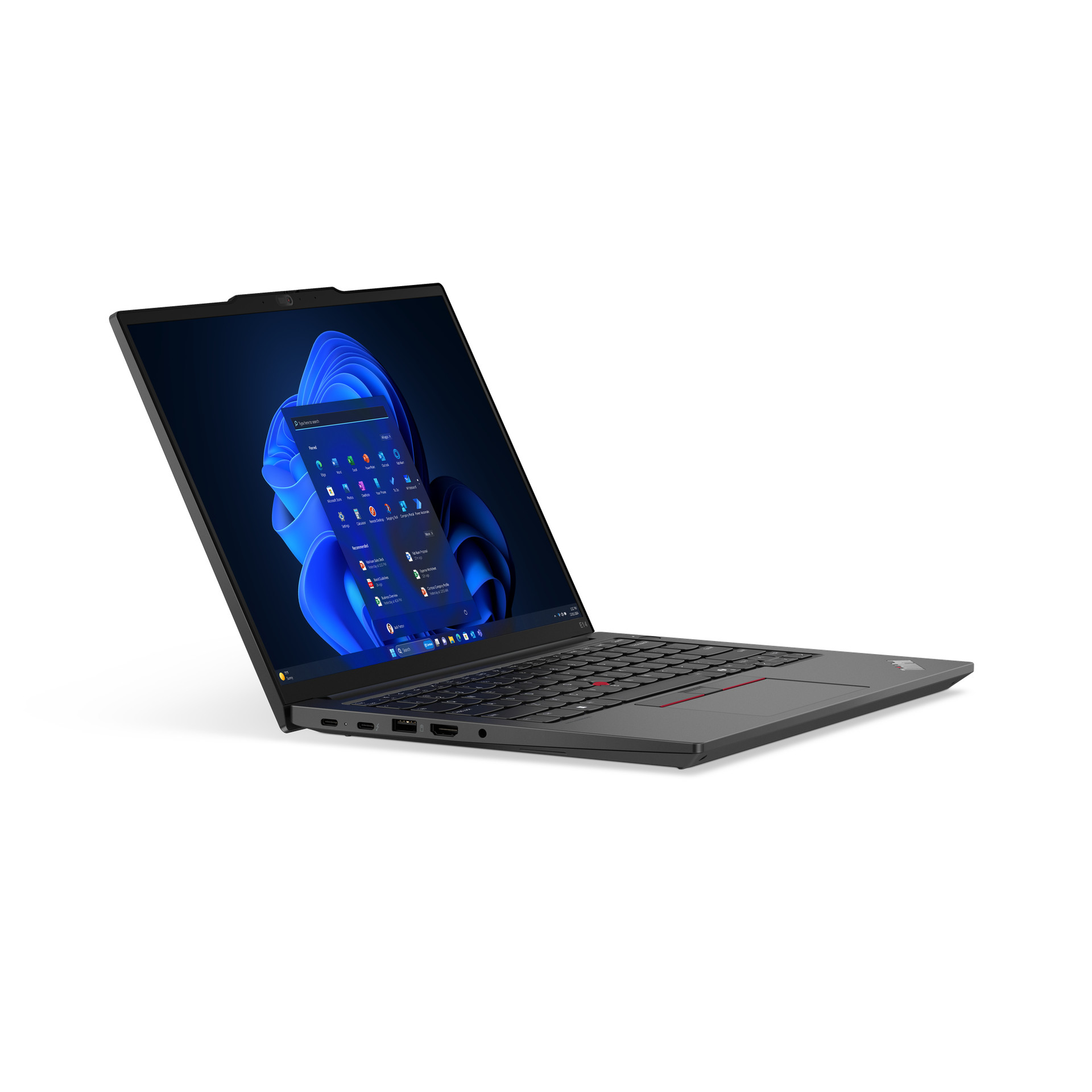 Ein schwarzer Laptop mit geöffnetem Bildschirm, der eine Windows-Oberfläche zeigt, auf weißem Hintergrund.