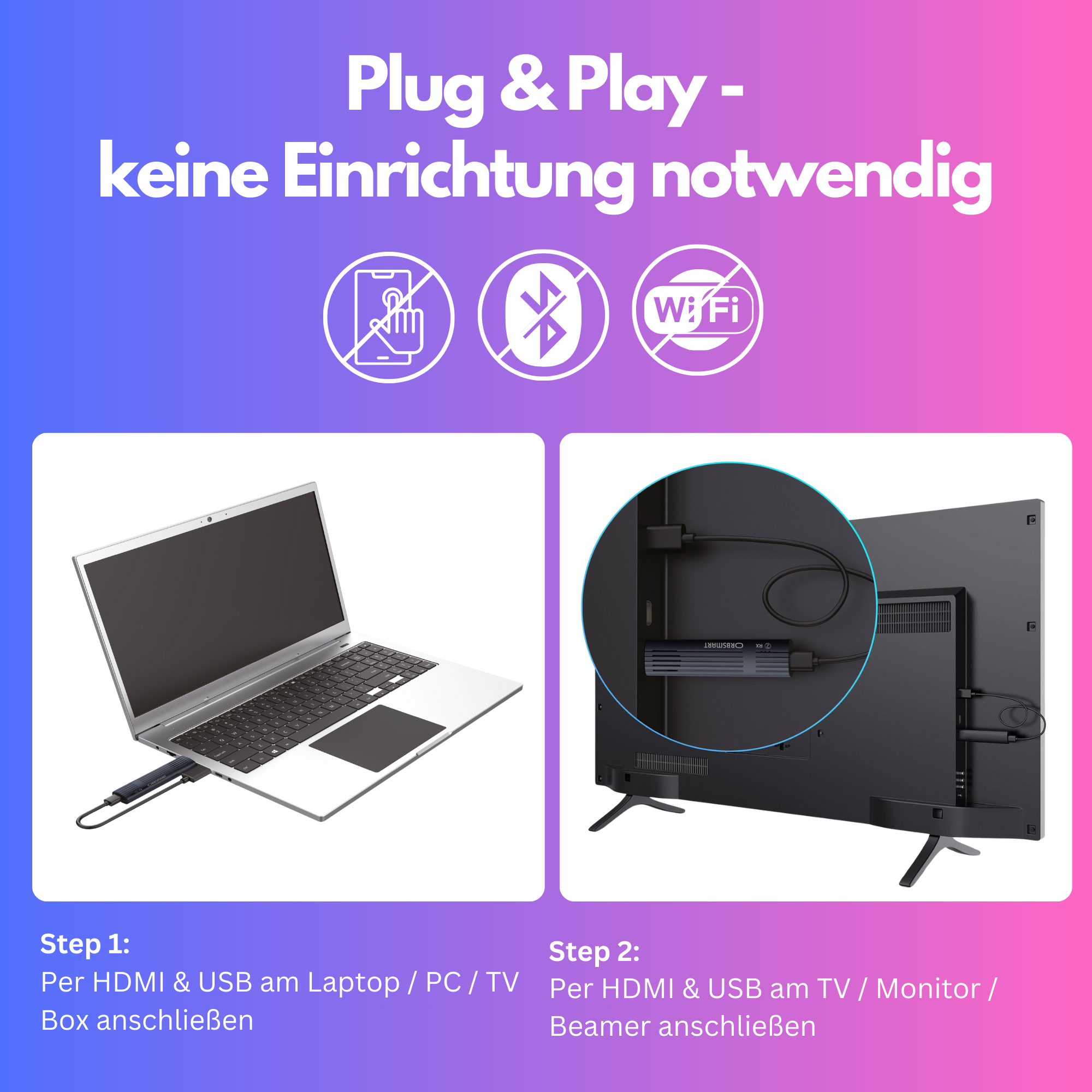 Ein Produkt mit einfachen Einrichtungsschritten. Laptop verbindet sich über HDMI, USB mit TV.