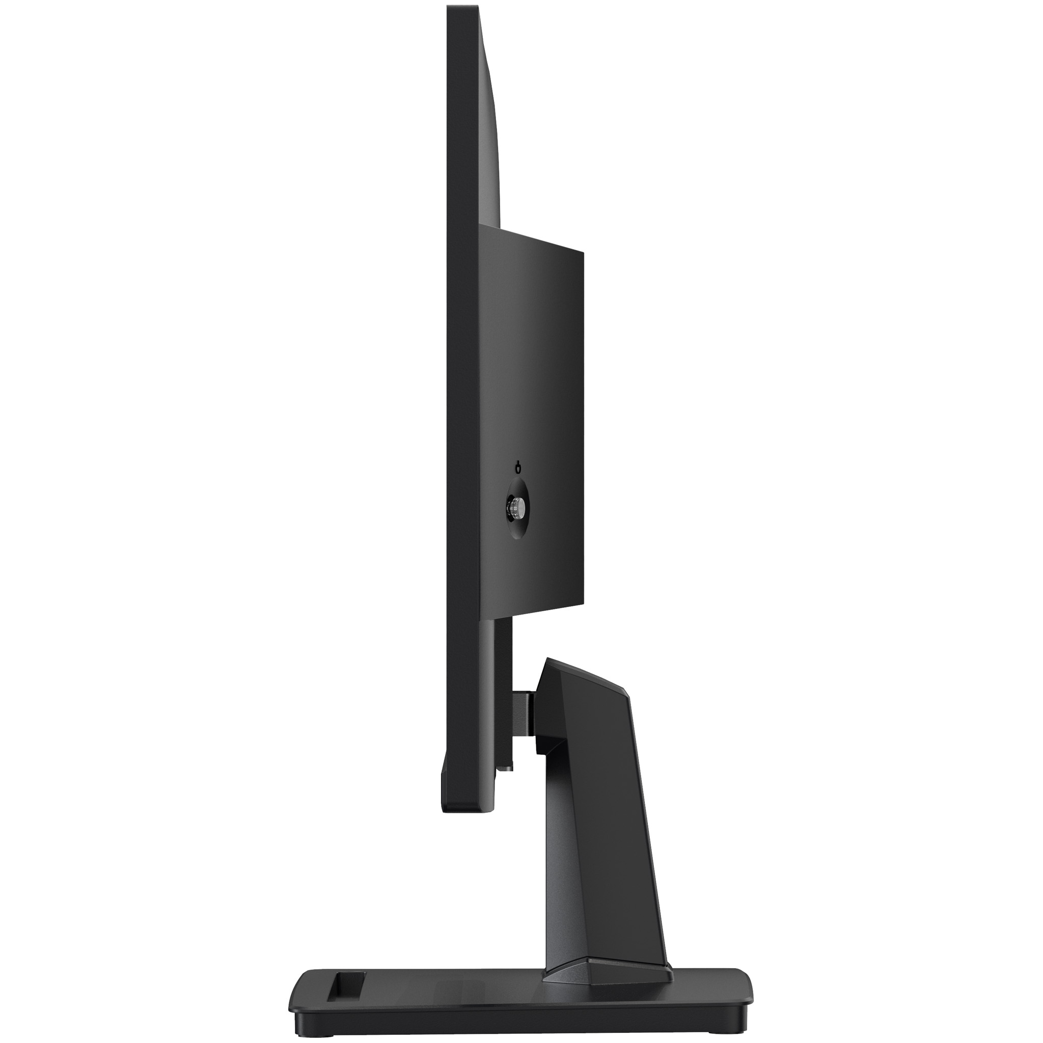 Widok z boku czarnego monitora. Stojak również jest czarny.