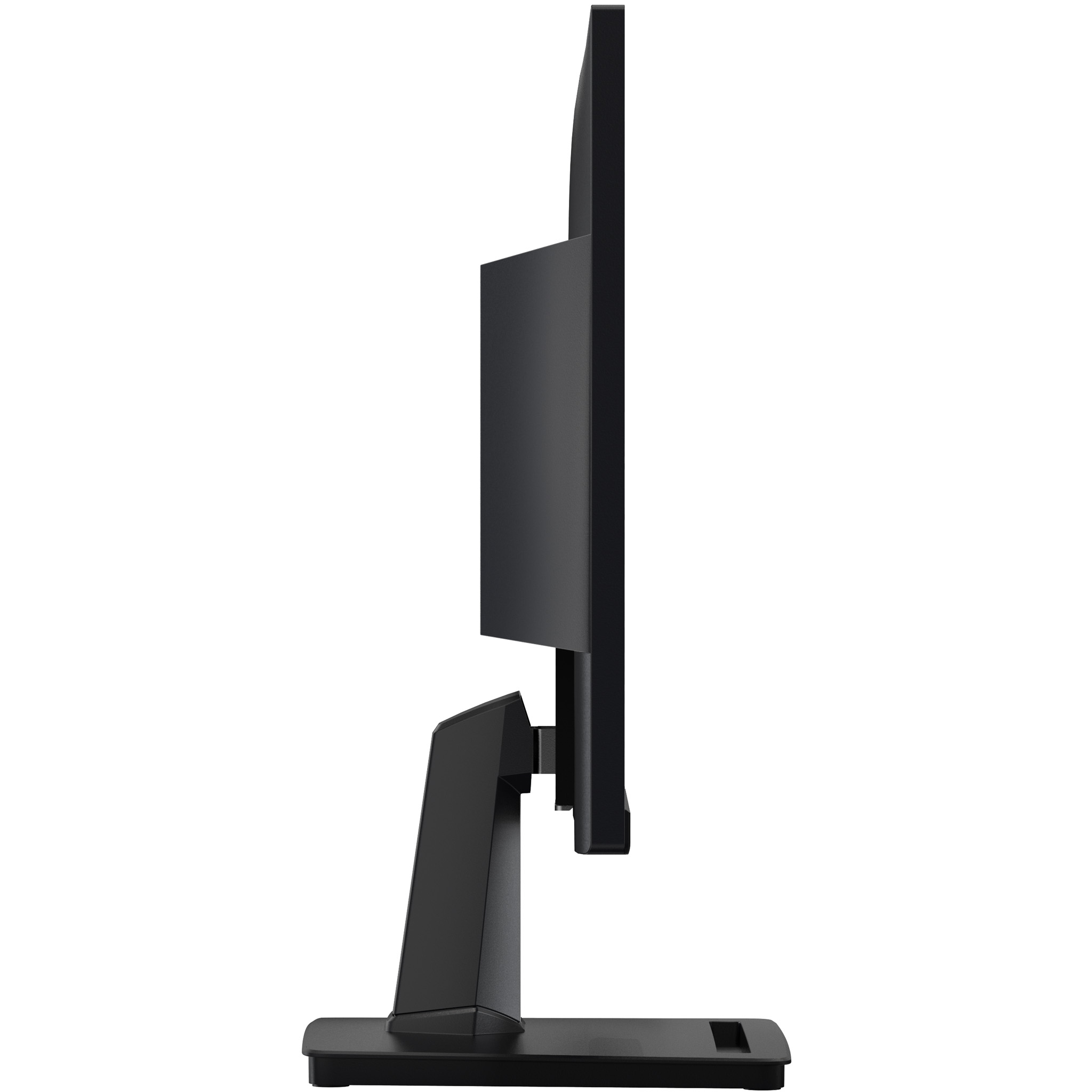 Widok z profilu czarnego monitora ze stojakiem i podstawą.