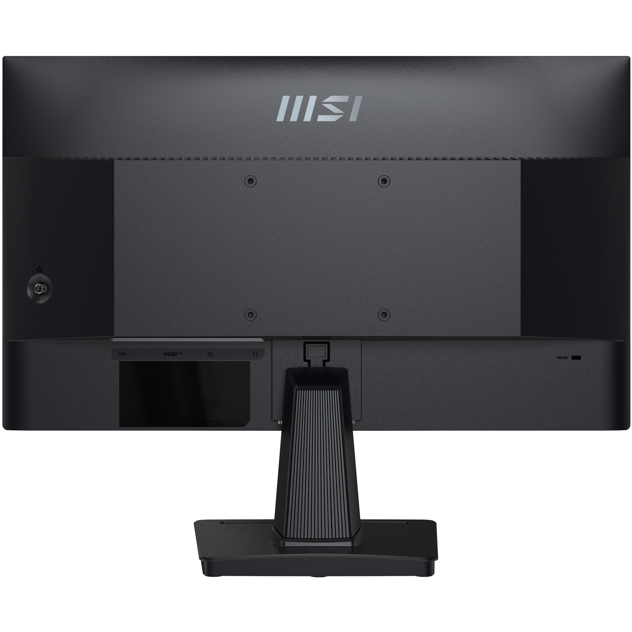 Tył czarnego monitora MSI z portami, złączami i logo MSI u góry.