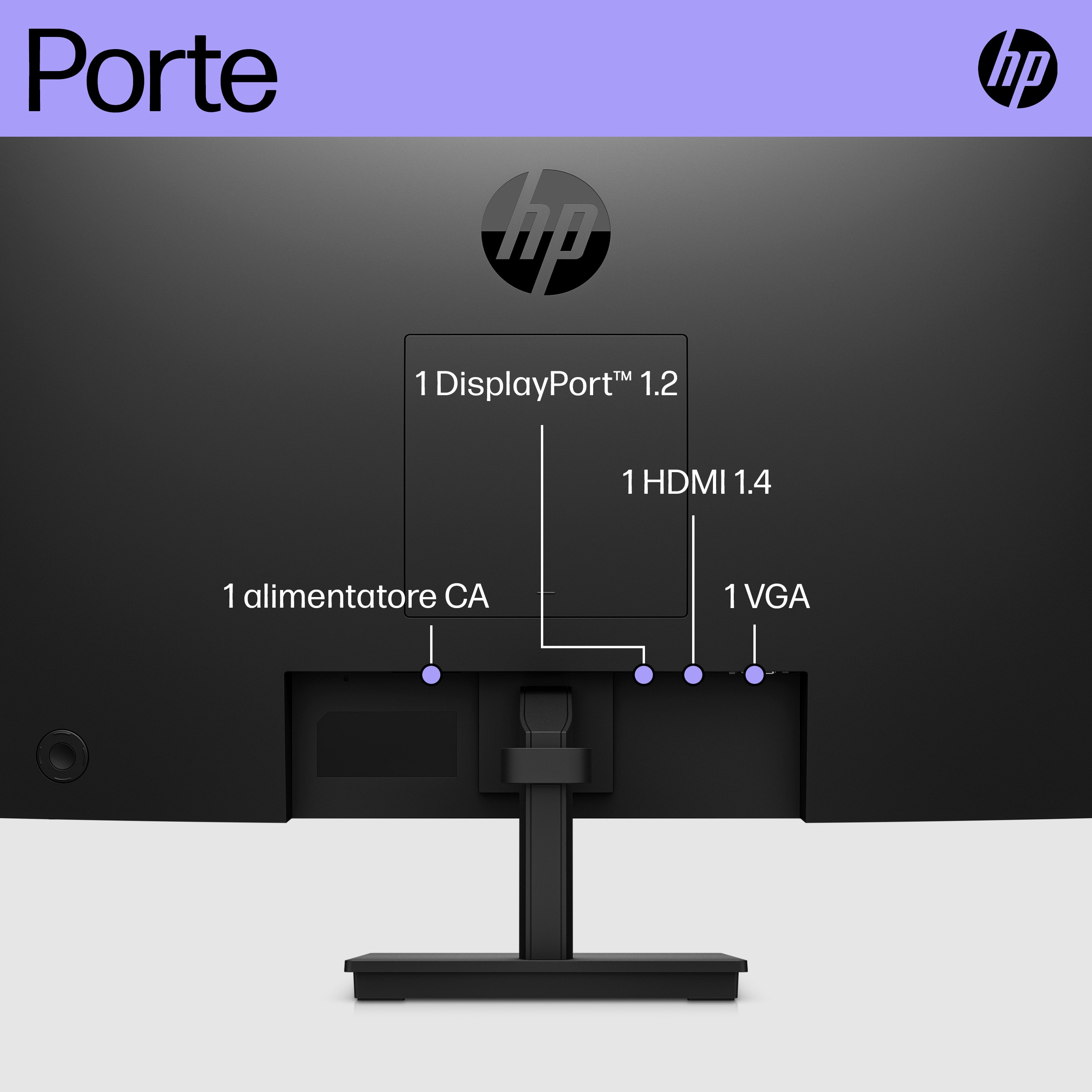 Tył czarnego monitora z portami: DisplayPort, HDMI, VGA i wejście zasilania.