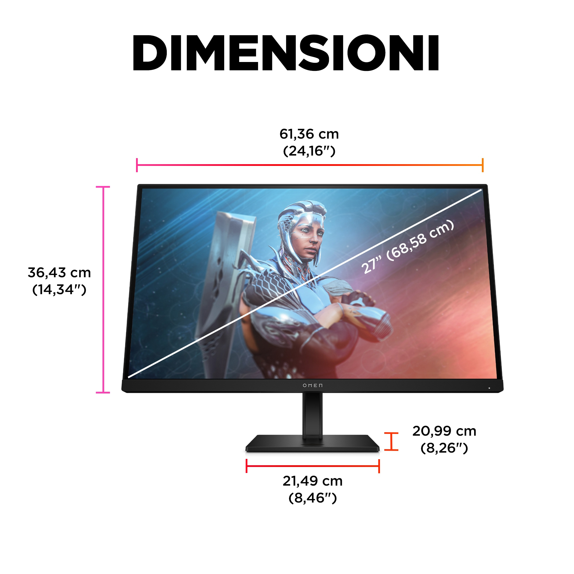 Grafico delle dimensioni del monitor con misure in cm e pollici e un'immagine sullo schermo.