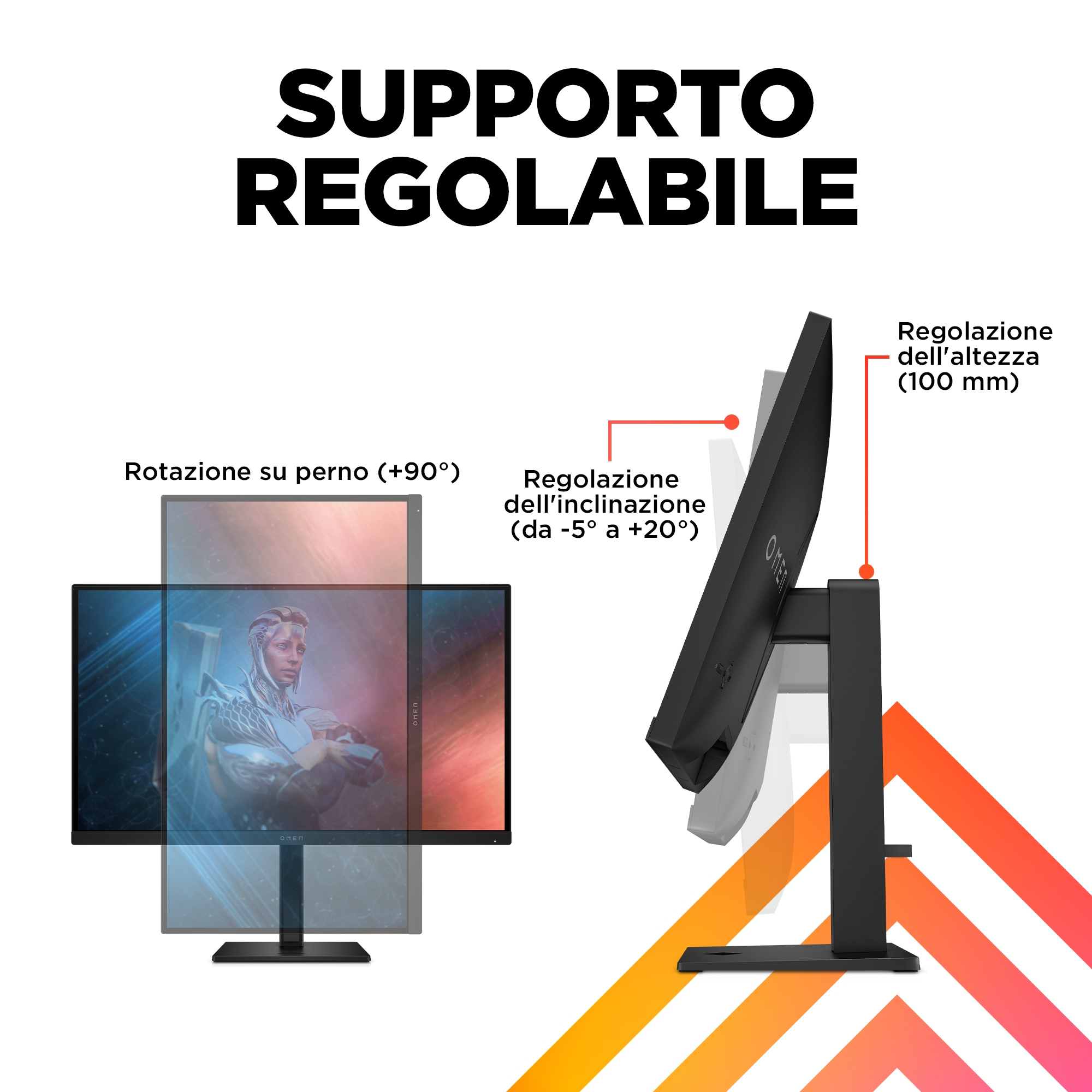 Monitor con supporto regolabile, con testo sullo schermo.