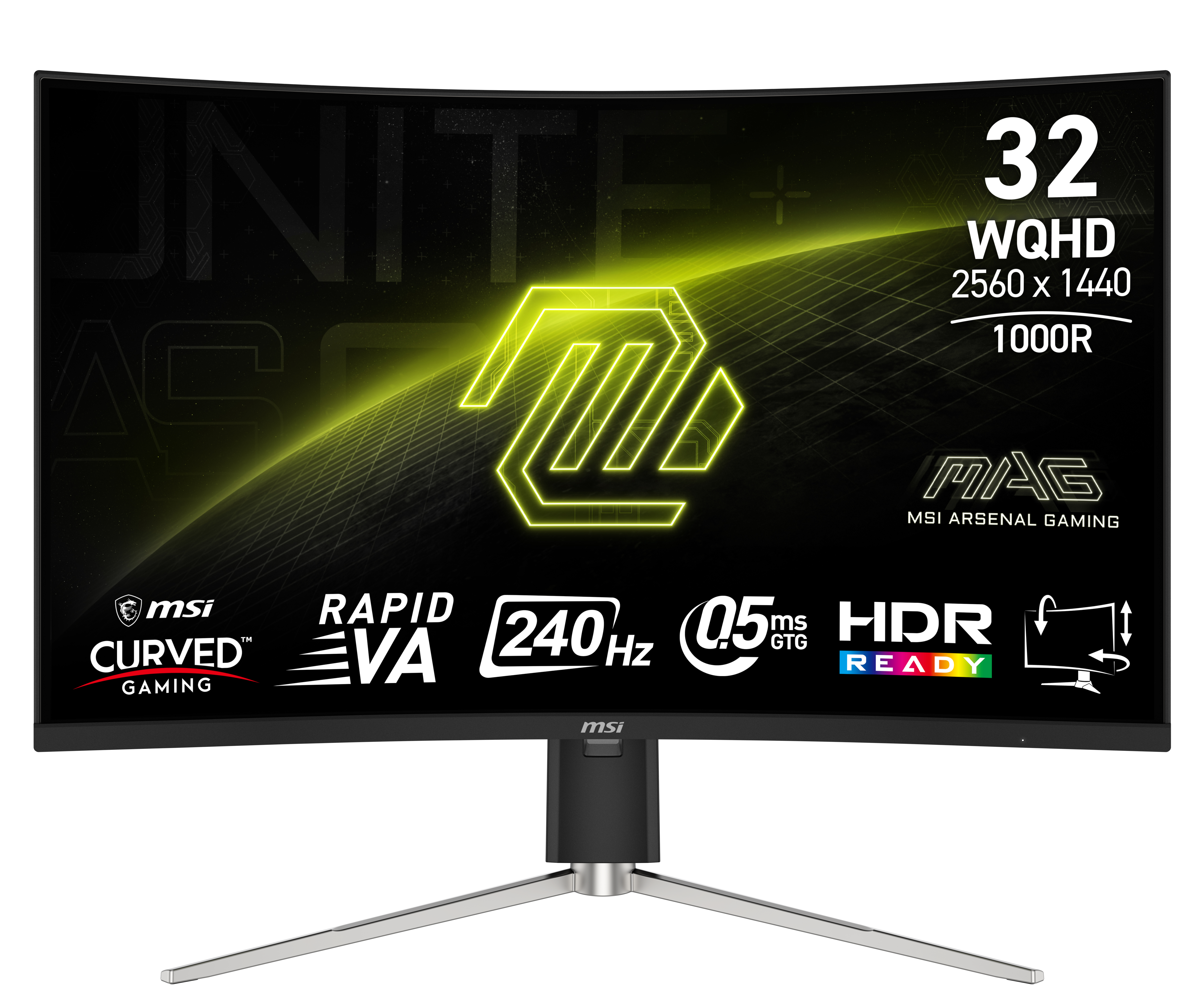Un monitor MSI curvo che mostra grafica e specifiche di gioco, con supporto argentato.