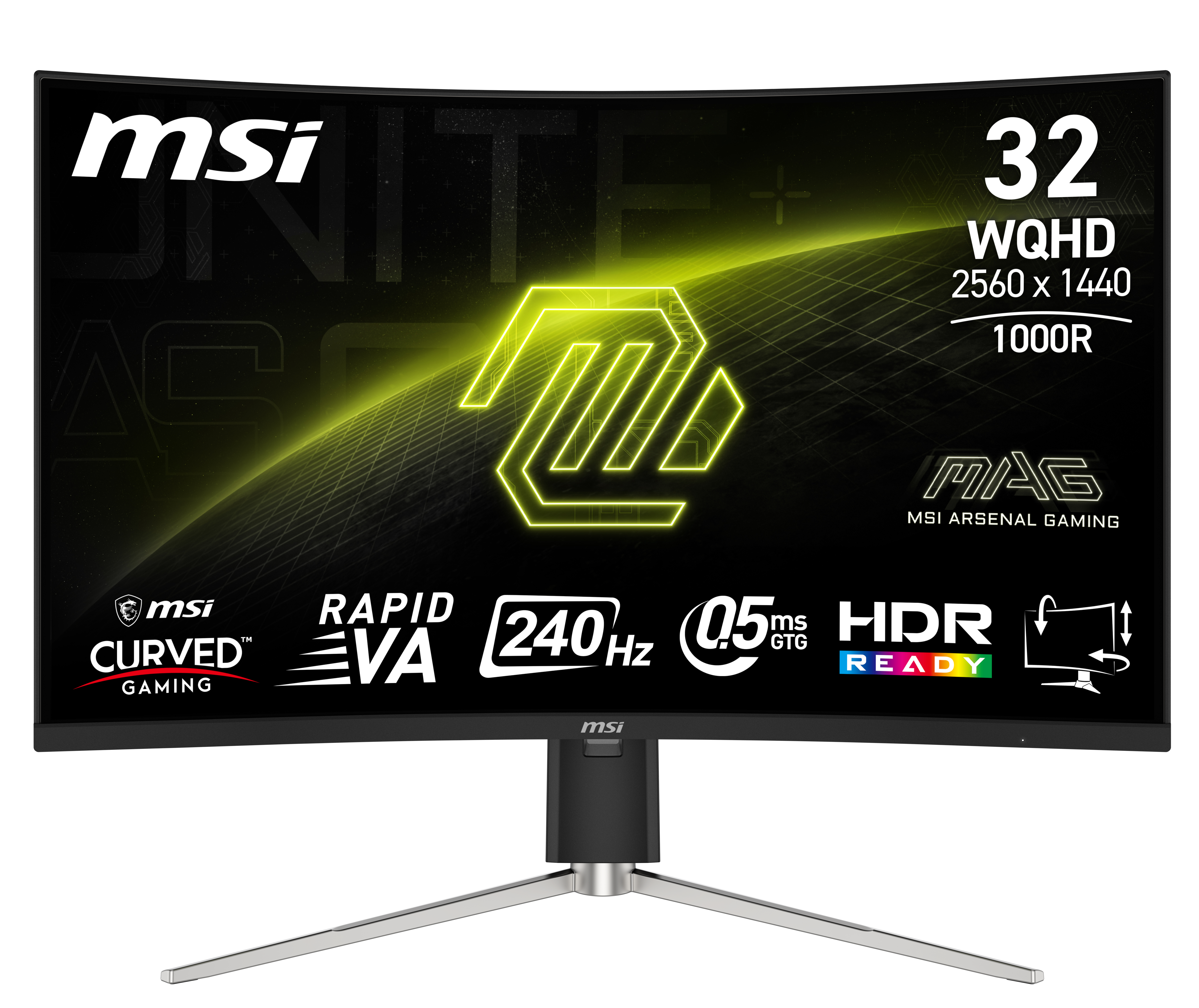 Un monitor curvo da gioco con supporto, che mostra un logo al neon.