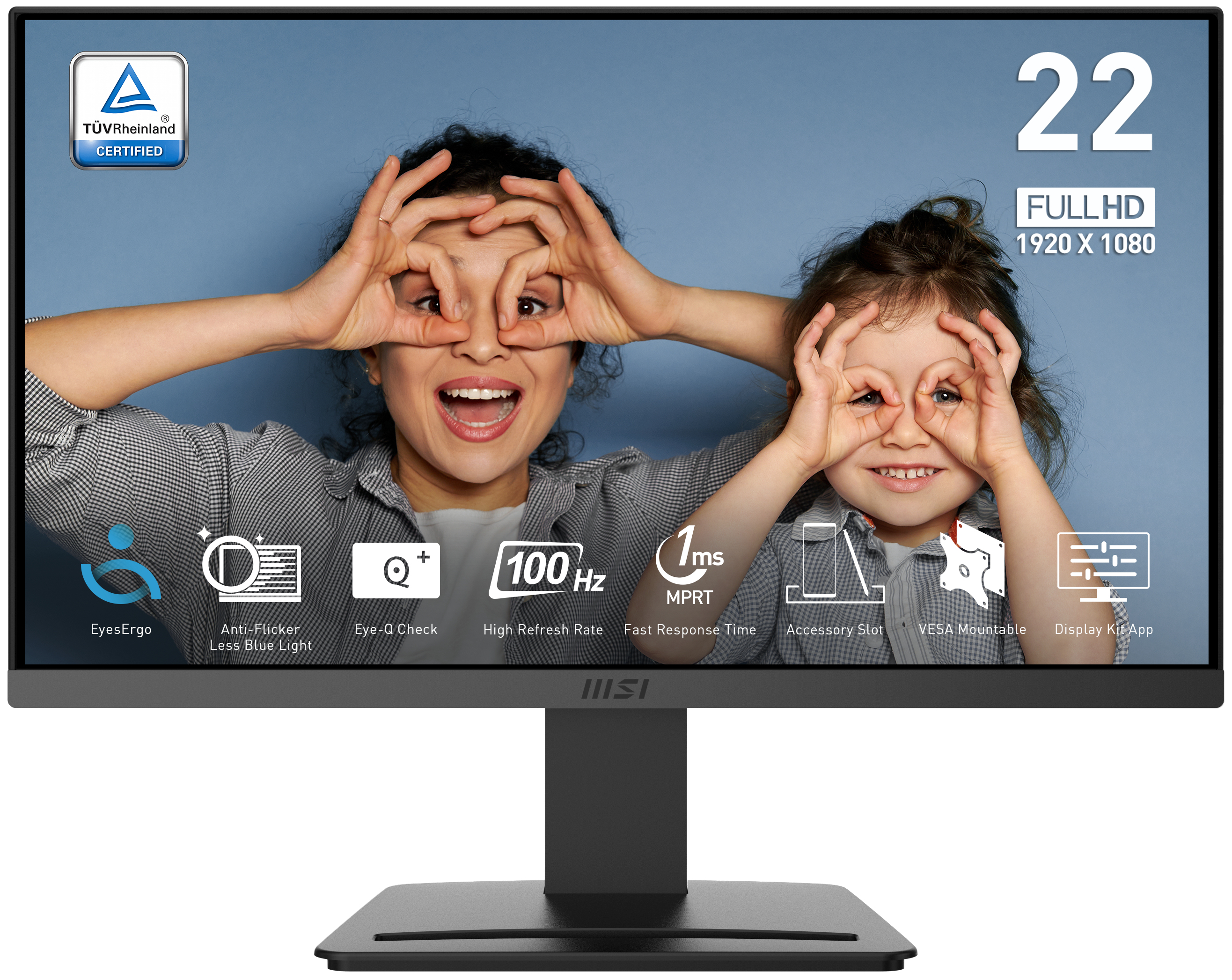 Monitor con immagini di madre e figlio, su supporto nero.