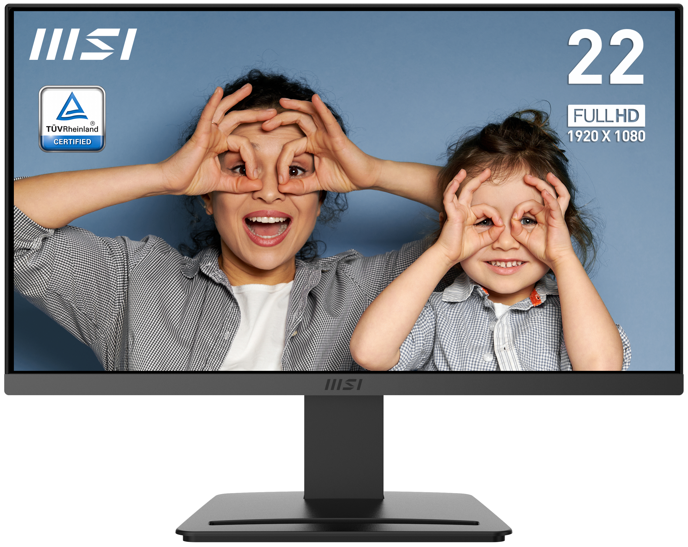 Una giovane donna e un bambino fanno cornici per gli occhi con le dita su un monitor nero.