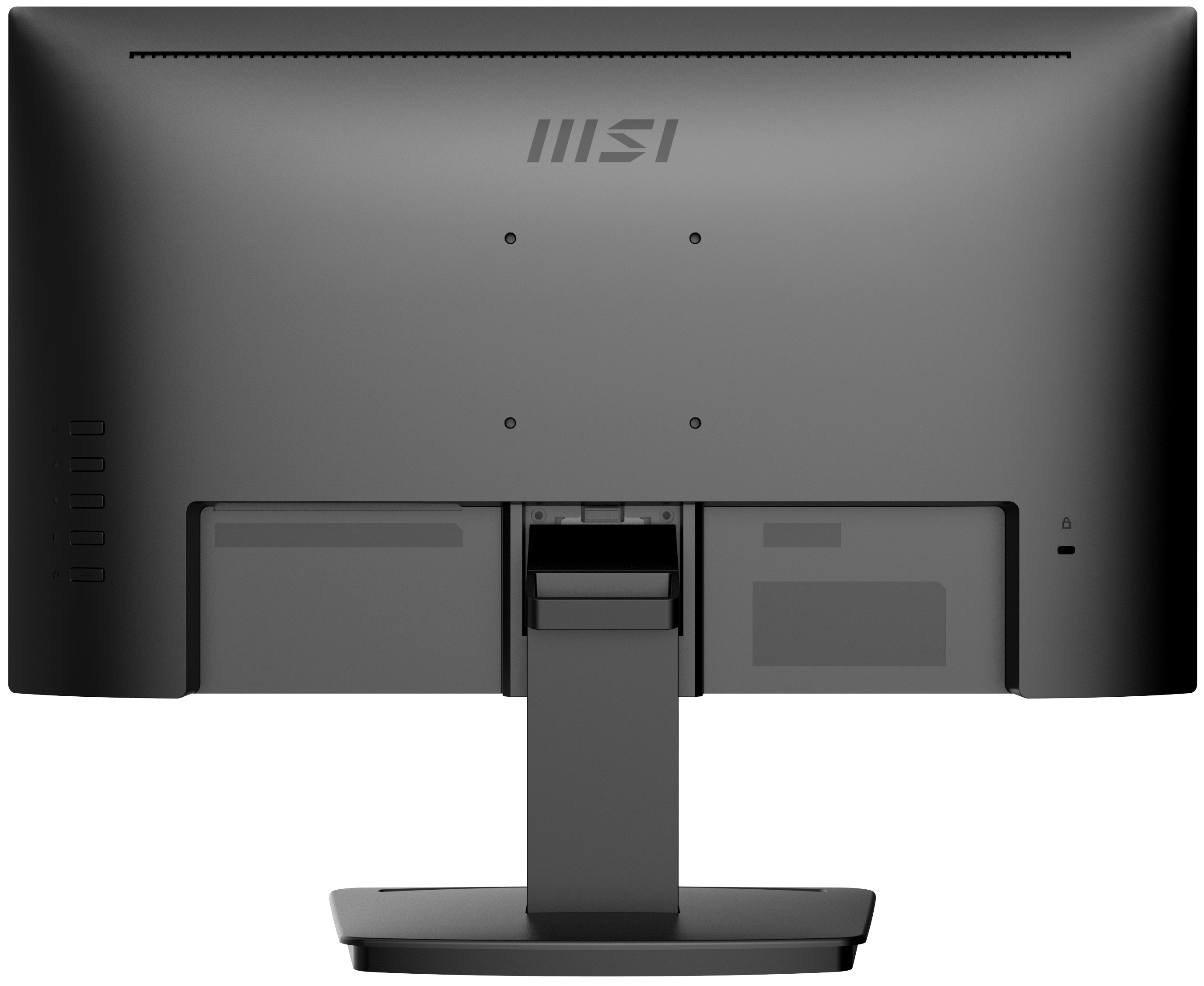 Retro di un monitor nero con porte, supporto e logo MSI in alto.
