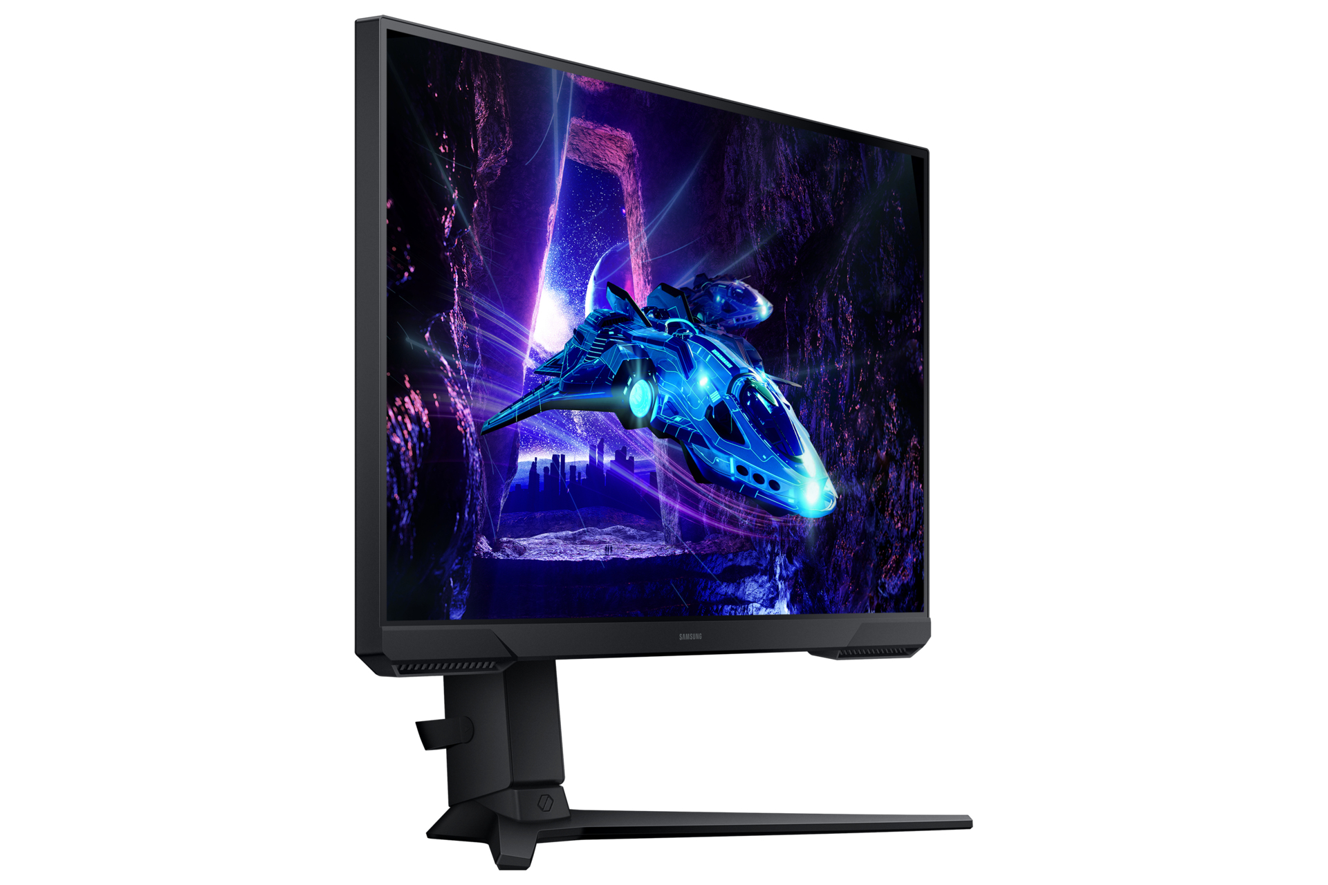 Monitor Samsung, che mostra un'astronave che vola attraverso un tunnel viola e blu. Il monitor è angolato.