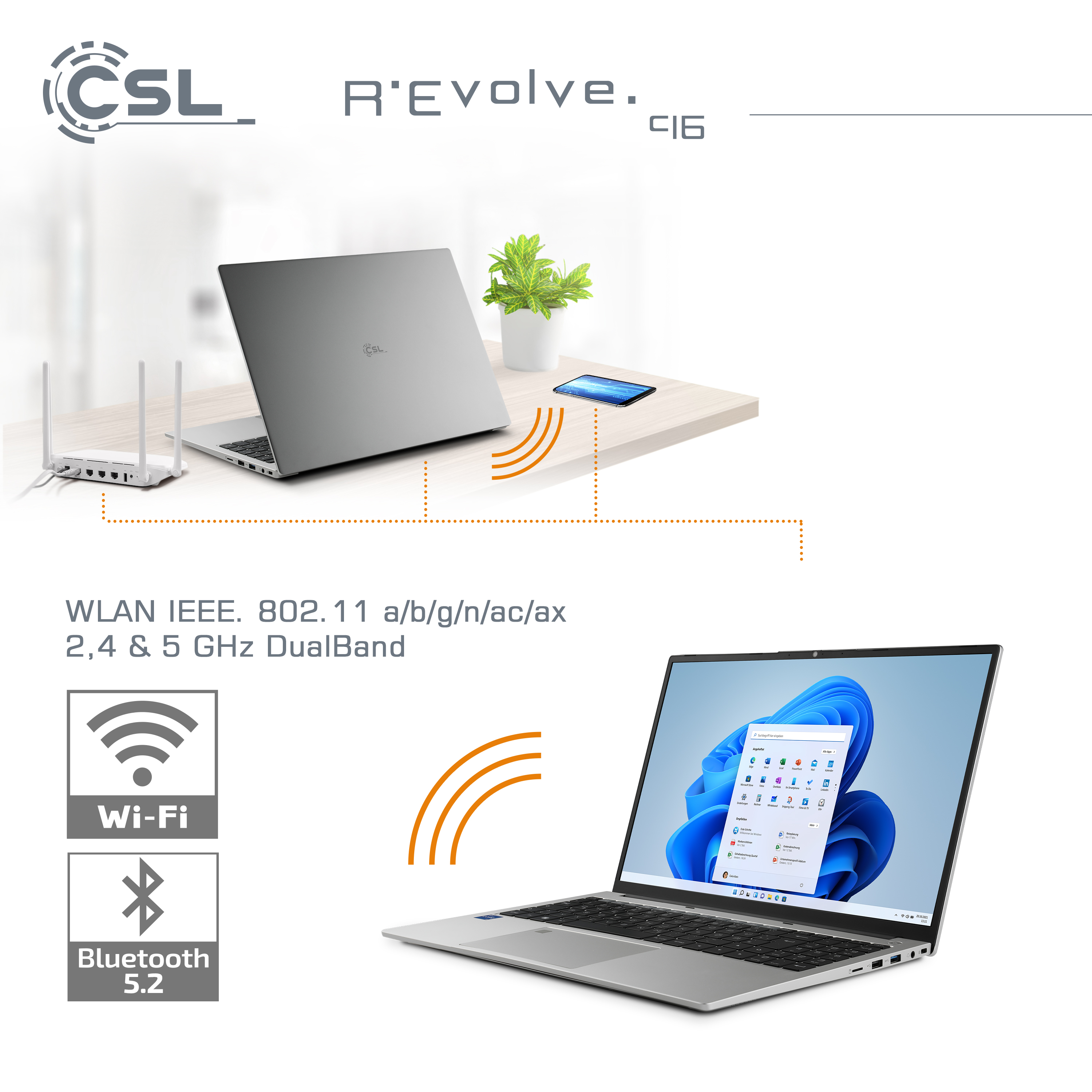 Zwei Laptops und ein Router sind drahtlos verbunden. Ein Laptop zeigt eine Windows-Oberfläche.