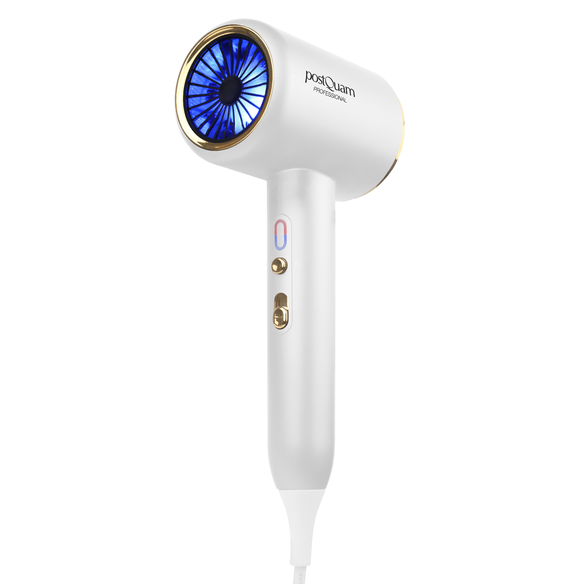 Biała i złota suszarka do włosów PostQuam z niebieskim światłem w dyszy, na białym tle.