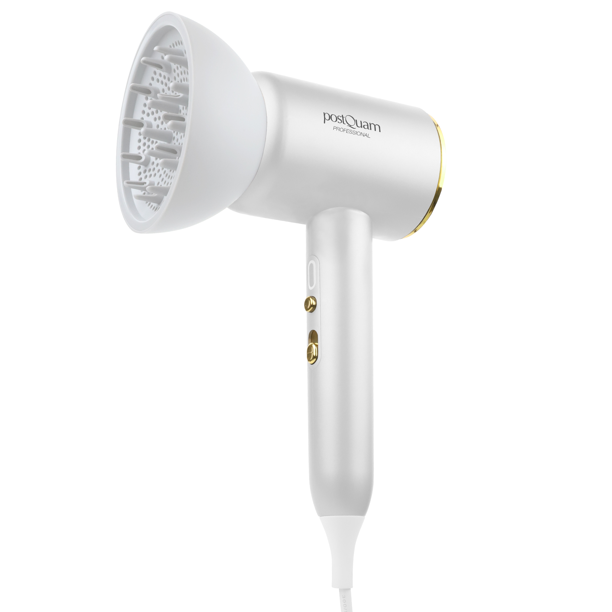 Biała suszarka do włosów z białą nasadką dyfuzora.