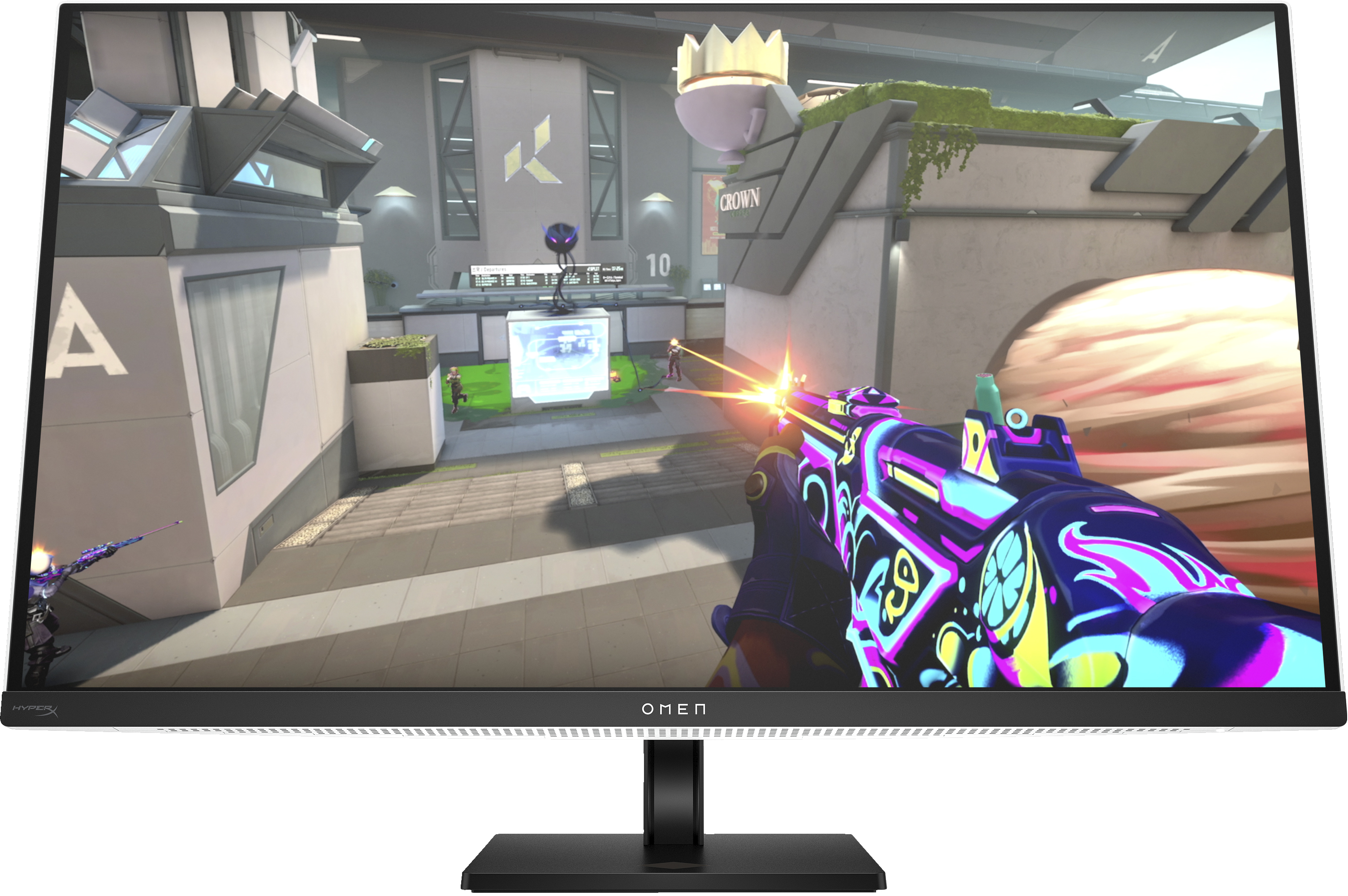 Un monitor gaming que muestra un juego de disparos en primera persona. Logotipo OMEN visible.