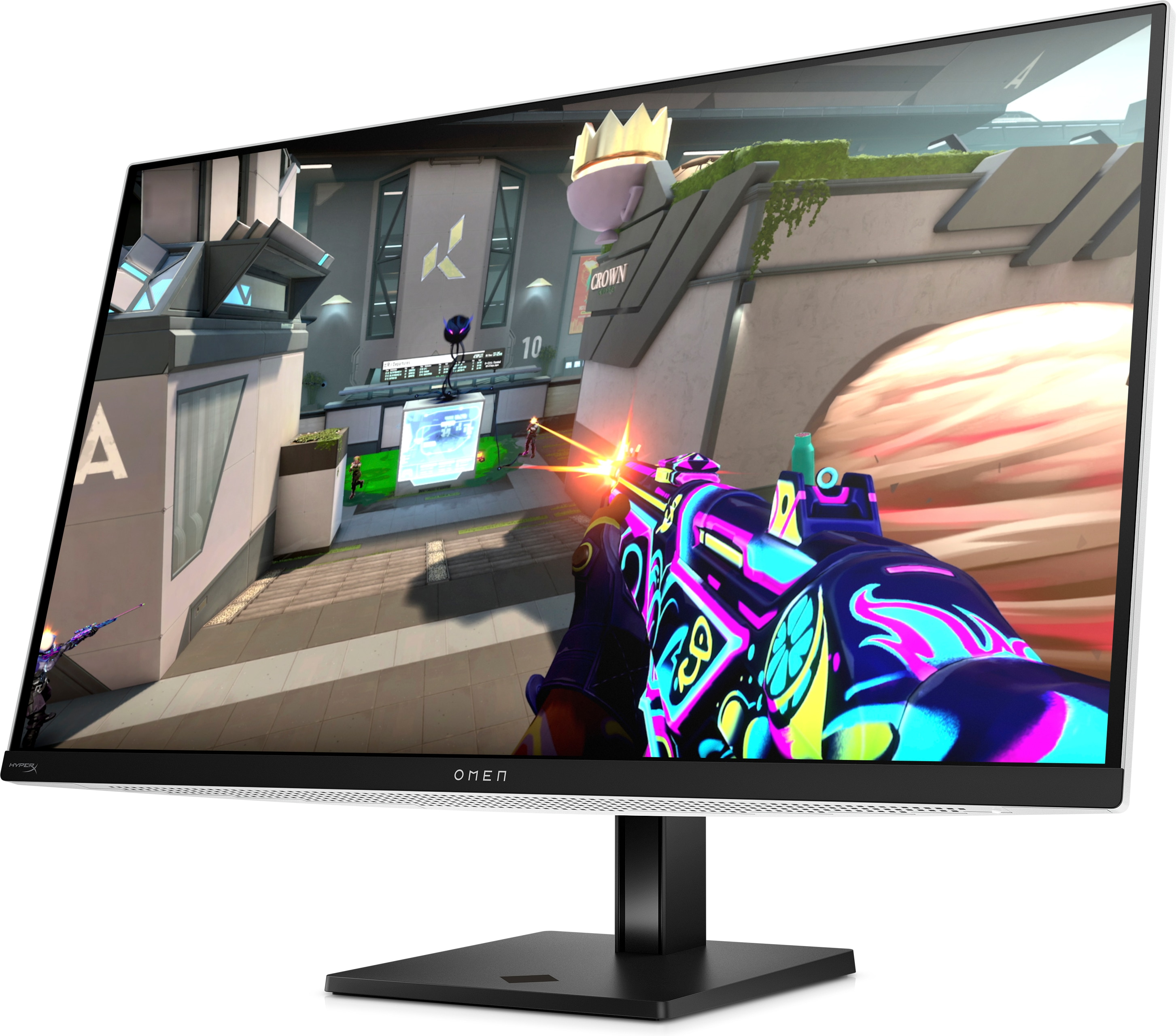 Un monitor que muestra una escena de juego con un arma disparando.