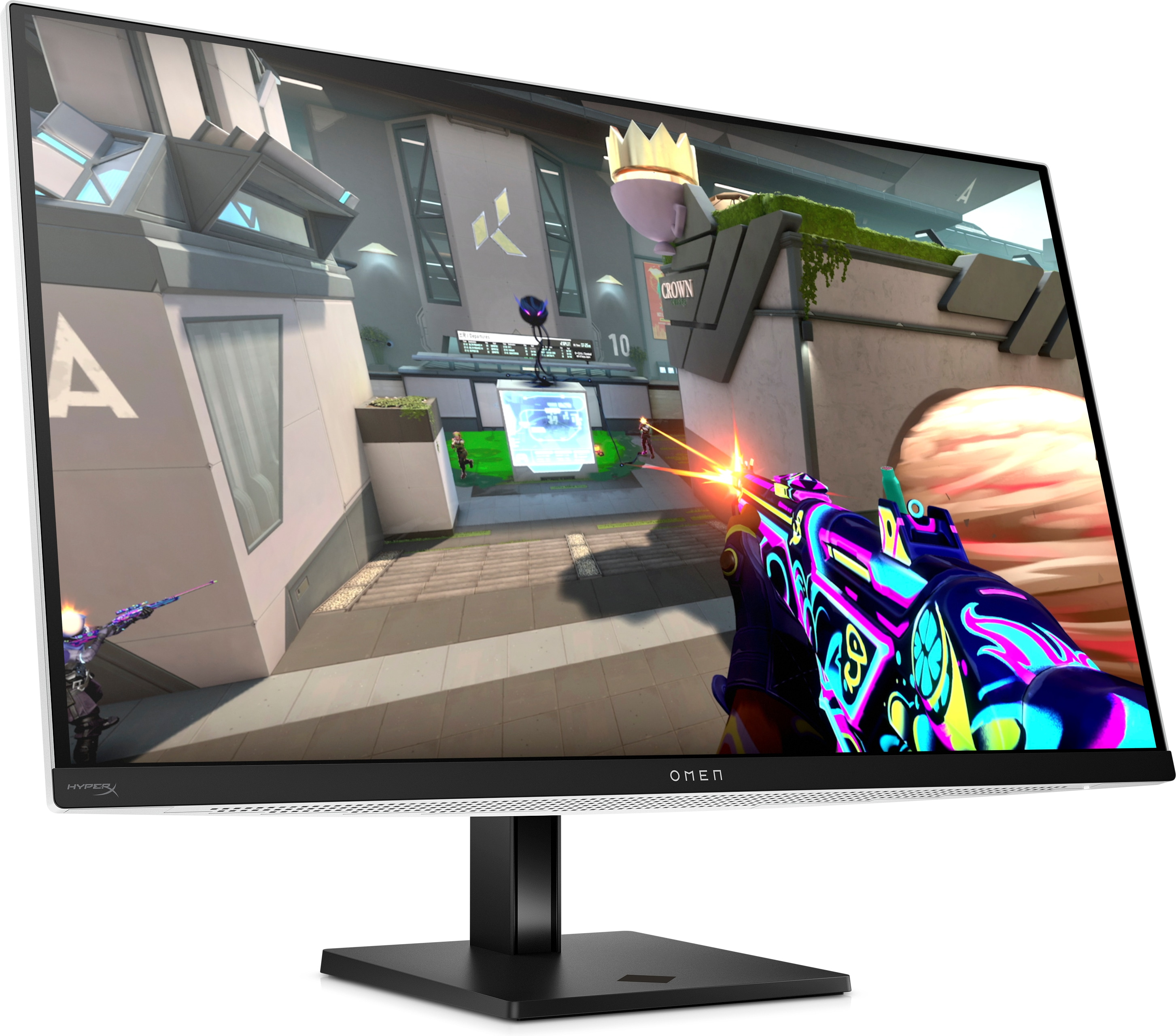 Monitor muestra escena de juego con arma colorida.