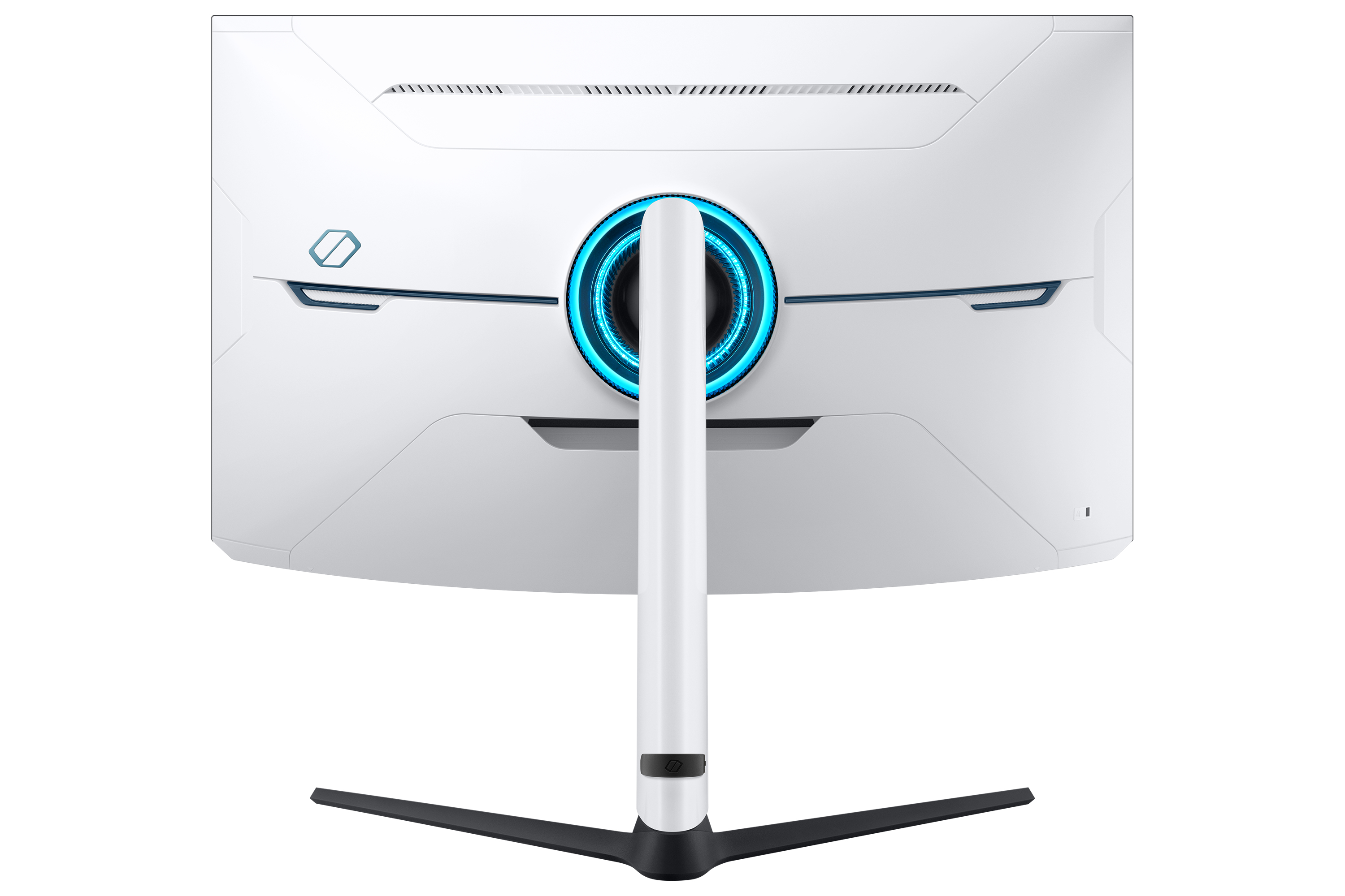 Vista posteriore di un monitor bianco con supporto. Ha un anello blu luminoso e prese d'aria.