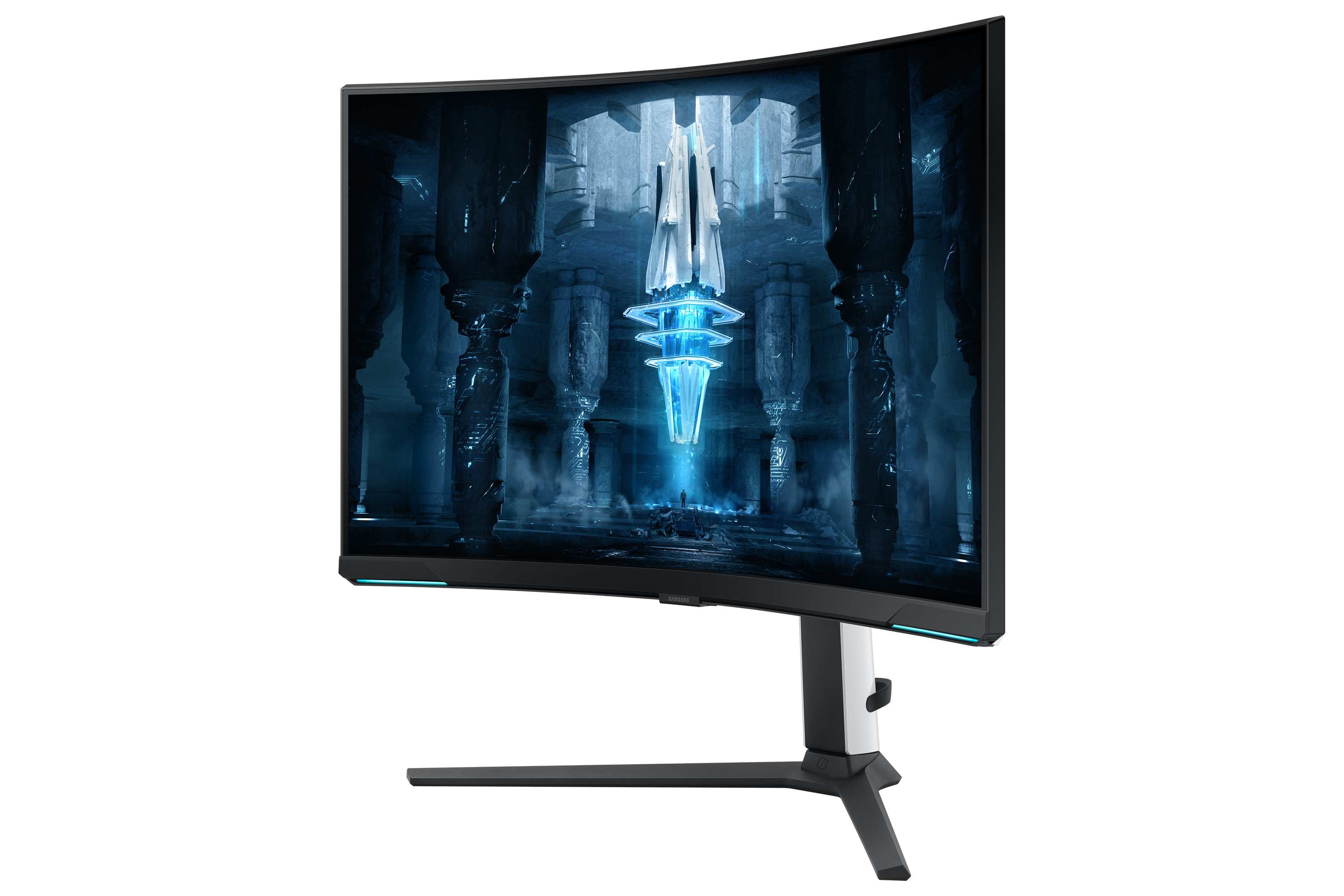 Monitor curvo per giochi che mostra una scena interna futuristica.