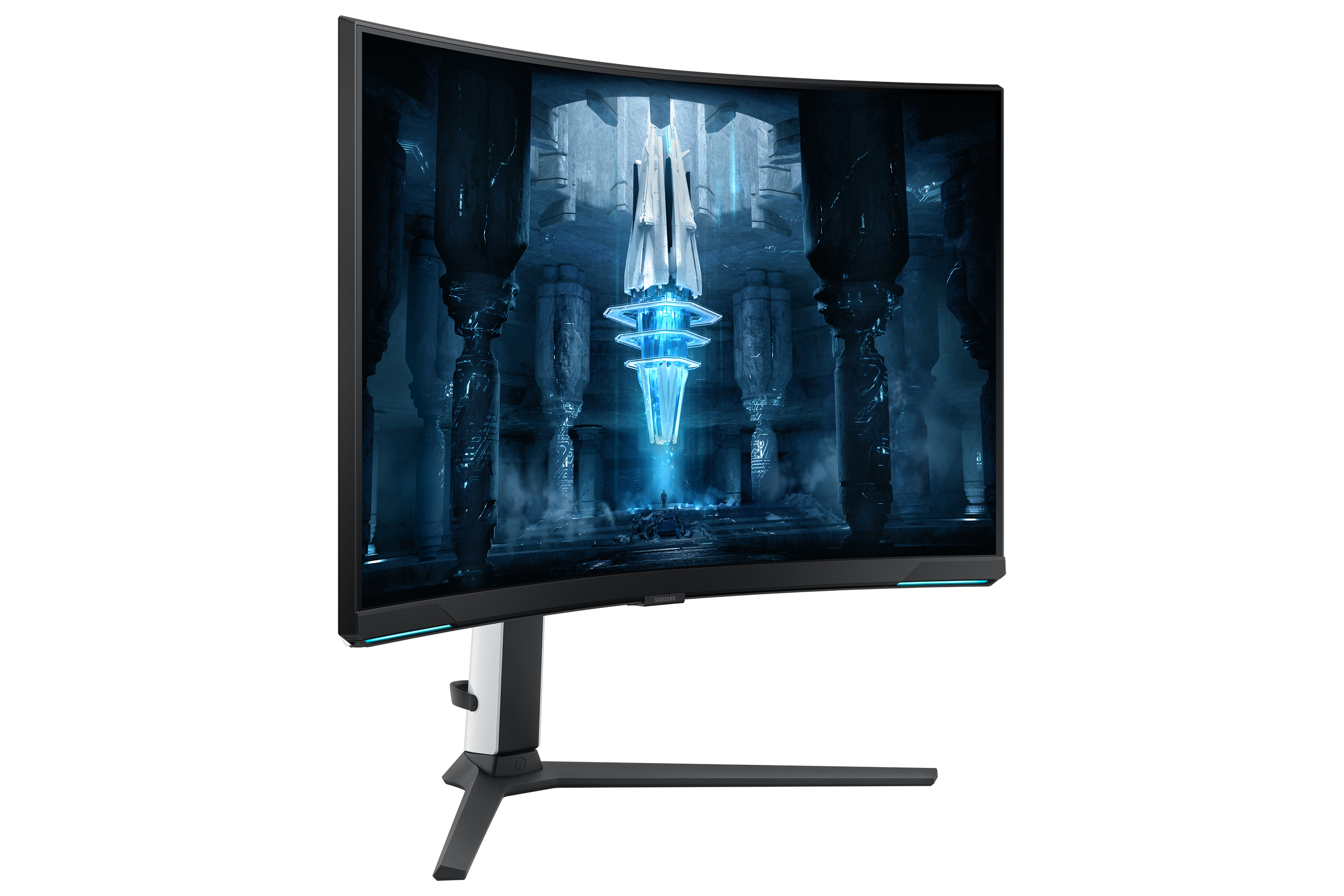 Un monitor curvo con scena di gioco, retro nero e logo Lenovo Legion.