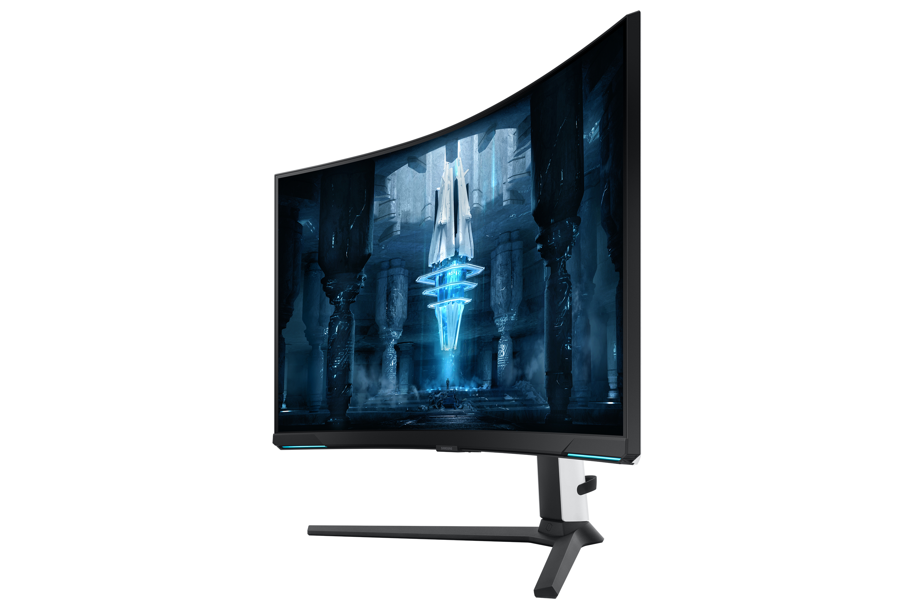 Un monitor curvo per il gaming, che mostra una scena futuristica illuminata di blu, su uno sfondo bianco.