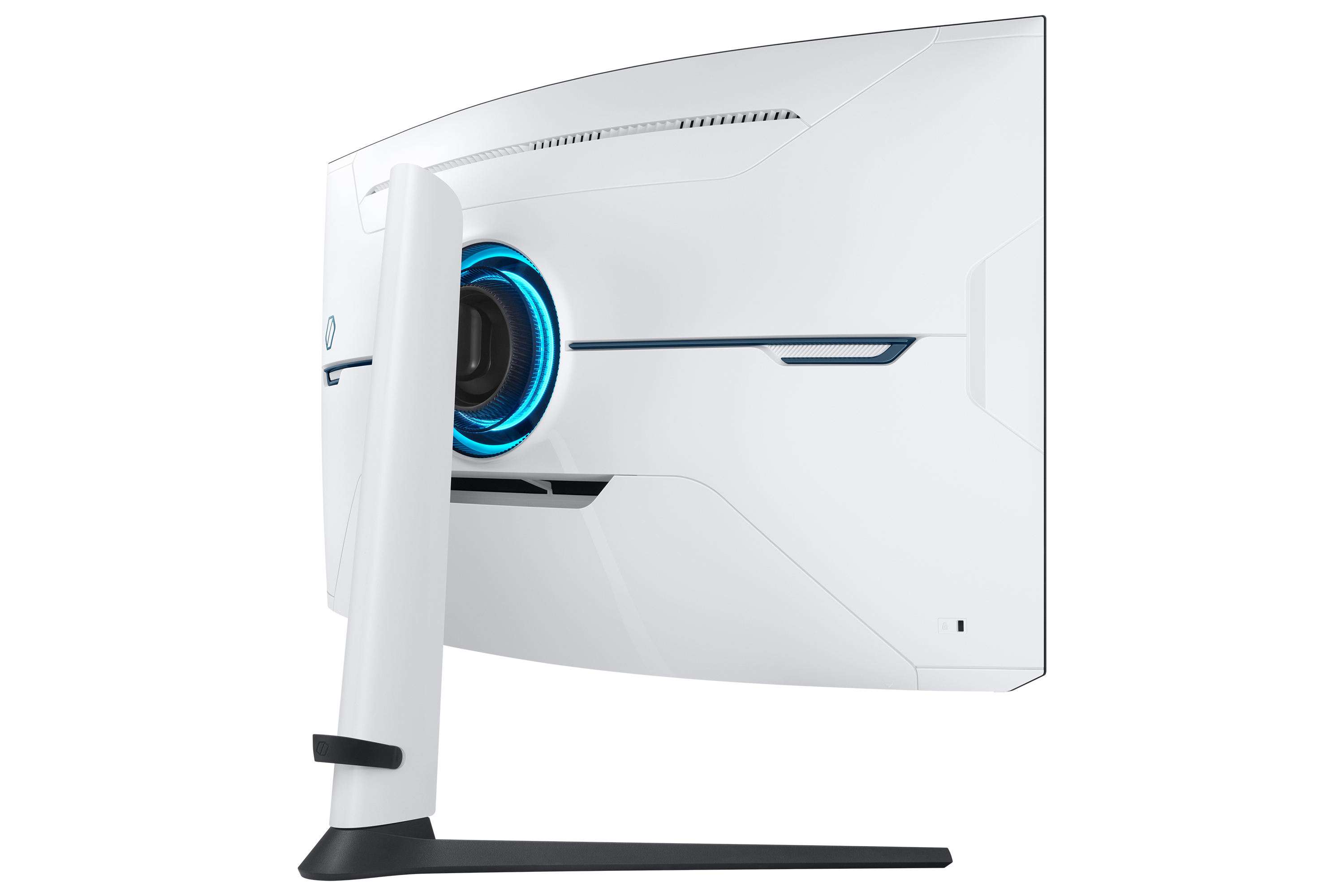 Monitor bianco e nero, forma curva, con accenti di luce blu.