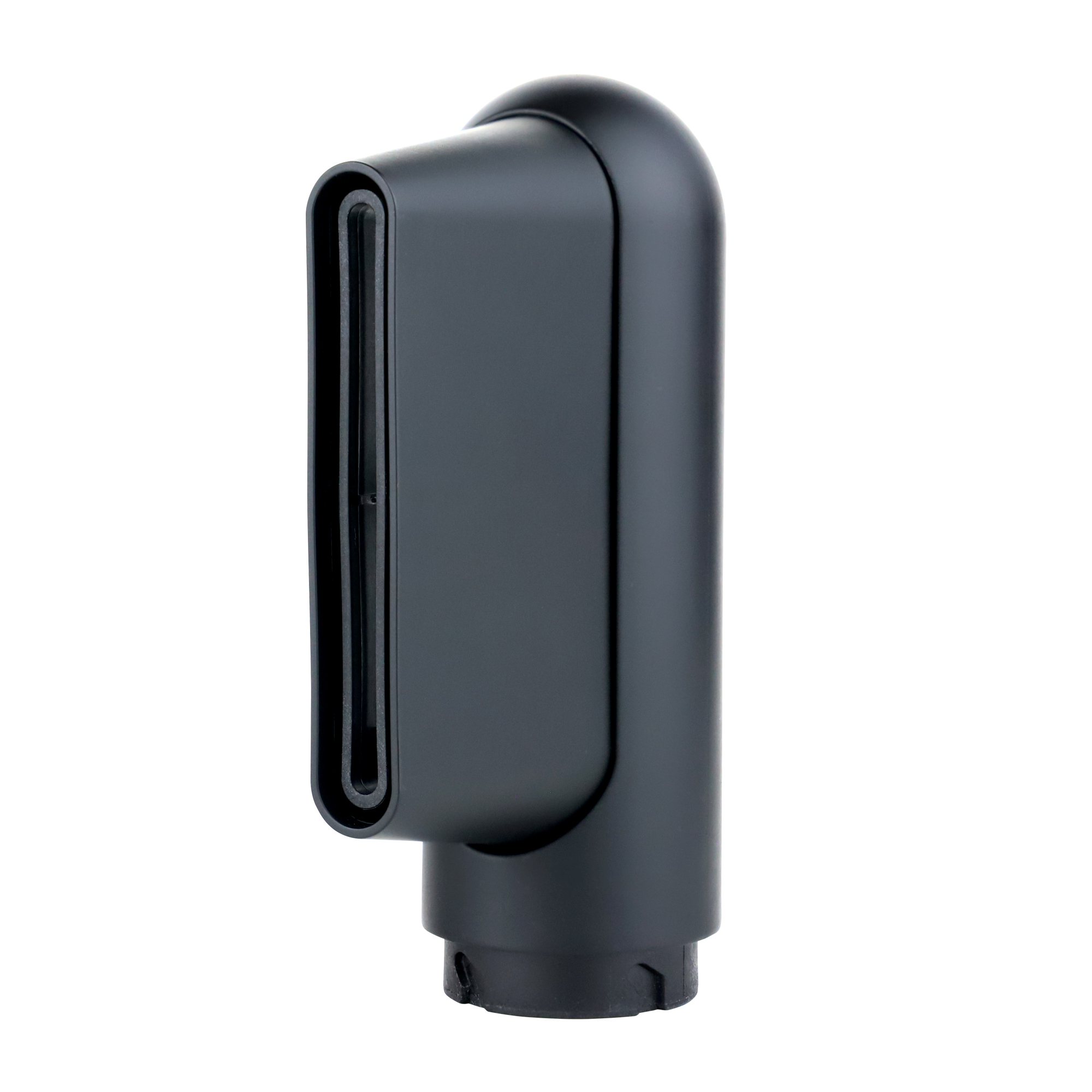 Czarna dysza suszarki do włosów, widok z boku, na białym tle.