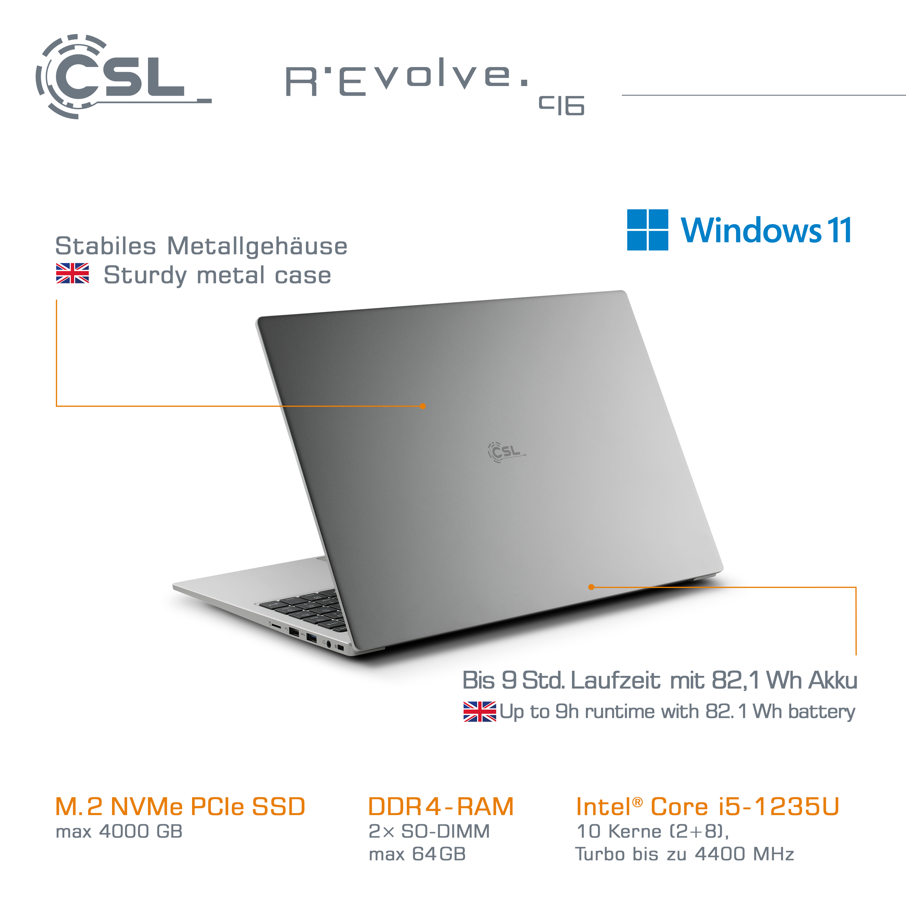 Ein silberner Laptop mit Details. Text hebt Funktionen hervor: M.2 SSD, DDR4 RAM und Intel Core i5-Prozessor.