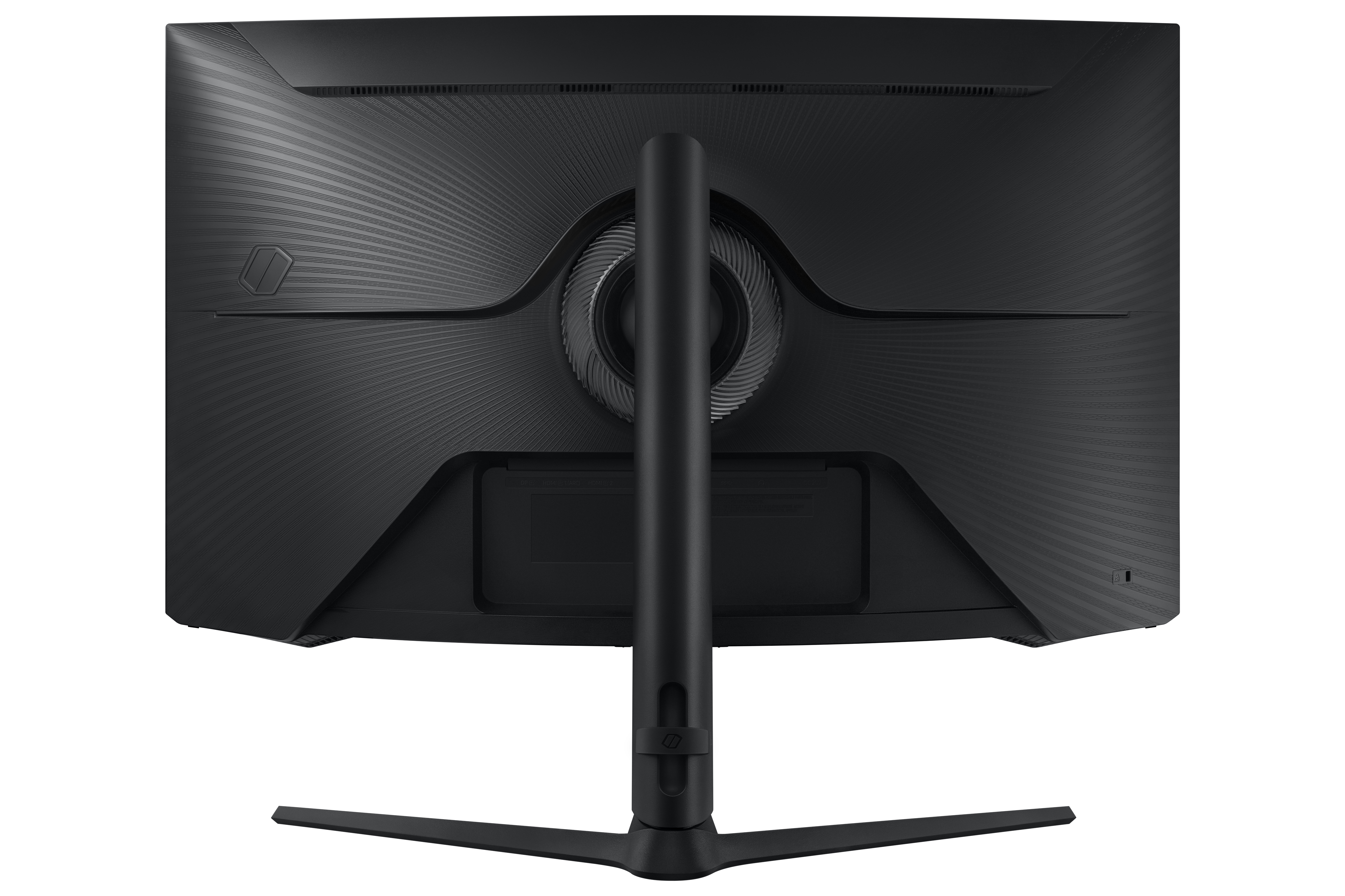 La vista posteriore di un monitor per computer nero con un supporto.