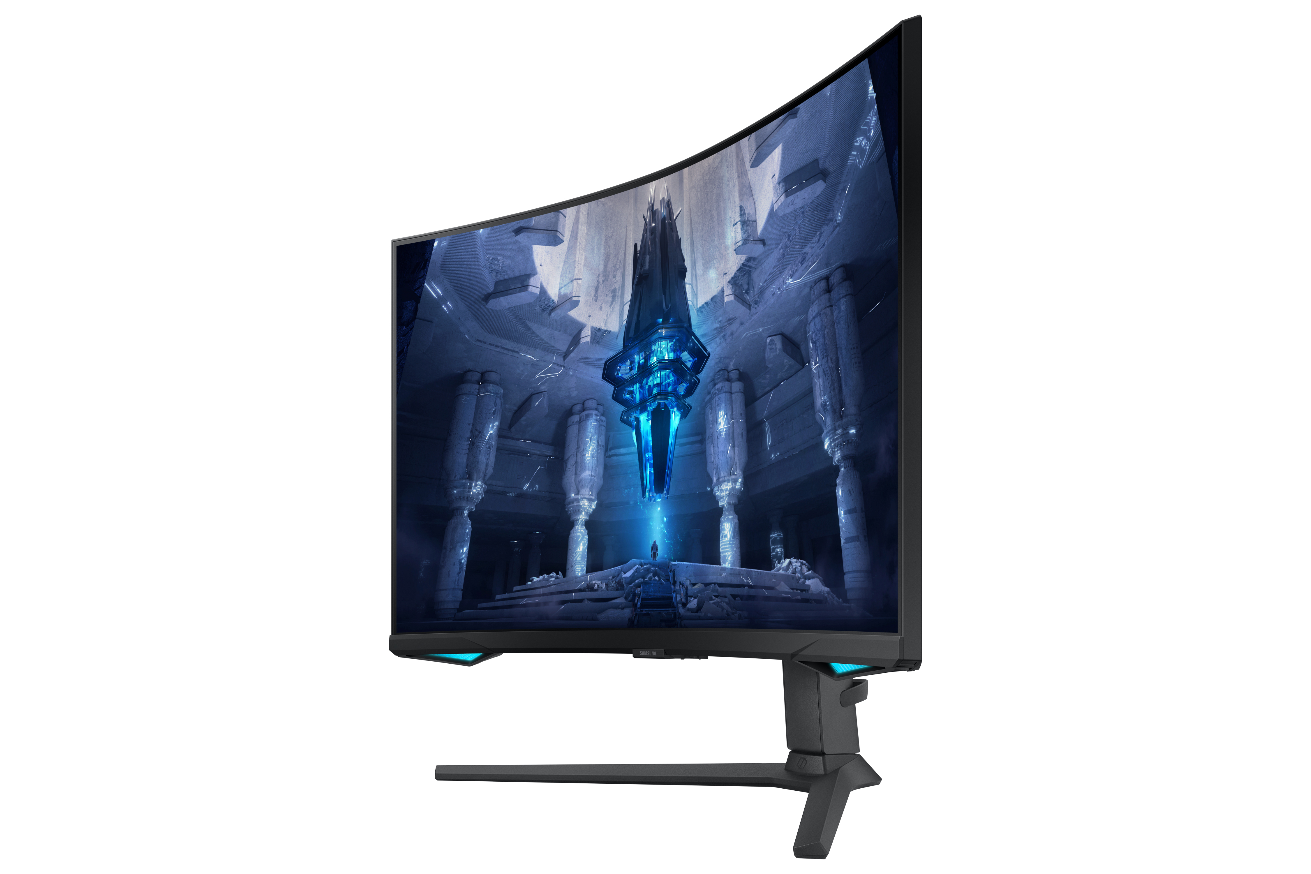 Un monitor Samsung curvo che mostra una scena urbana futuristica.