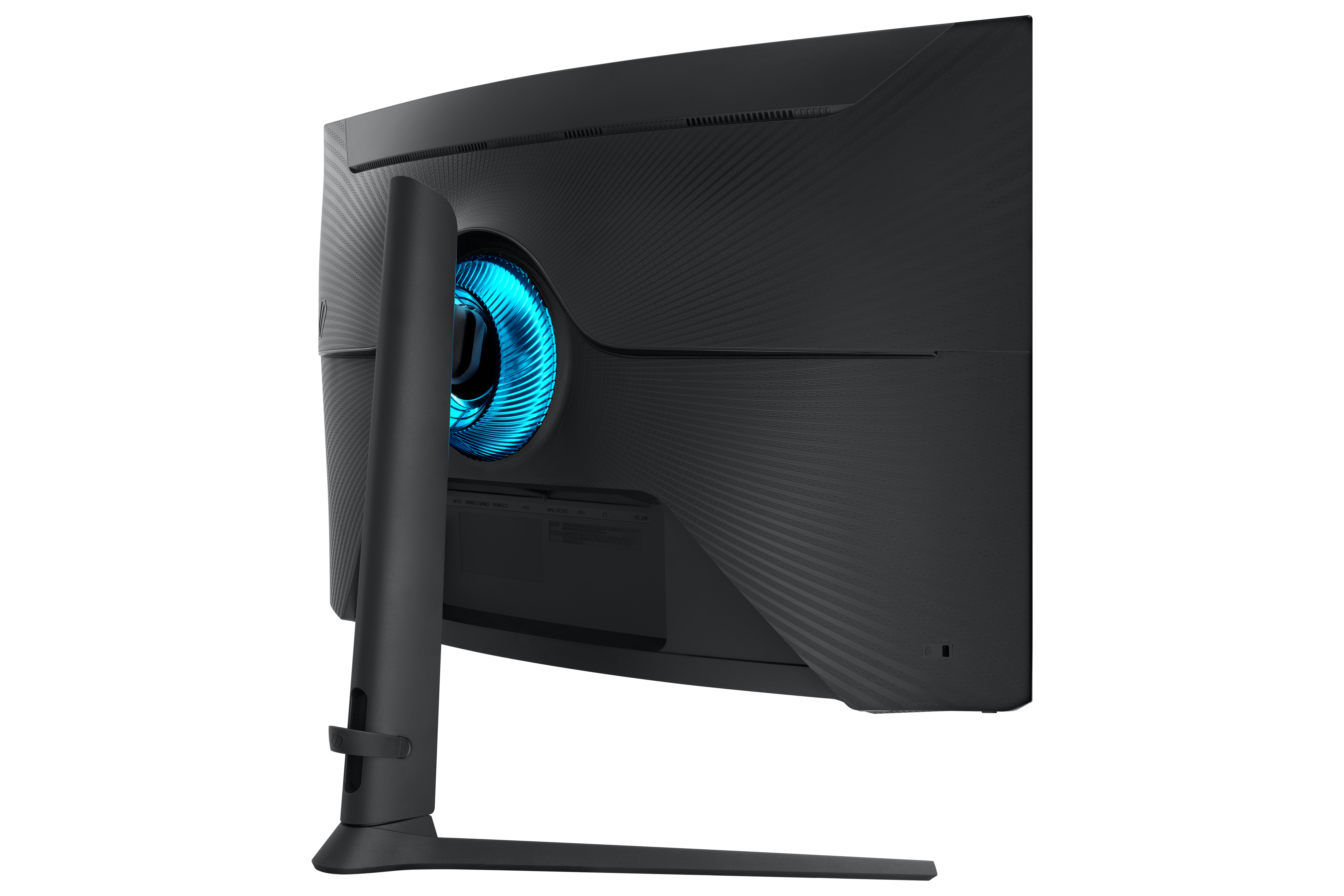 Vista posteriore di un monitor nero curvo con anello blu luminoso.