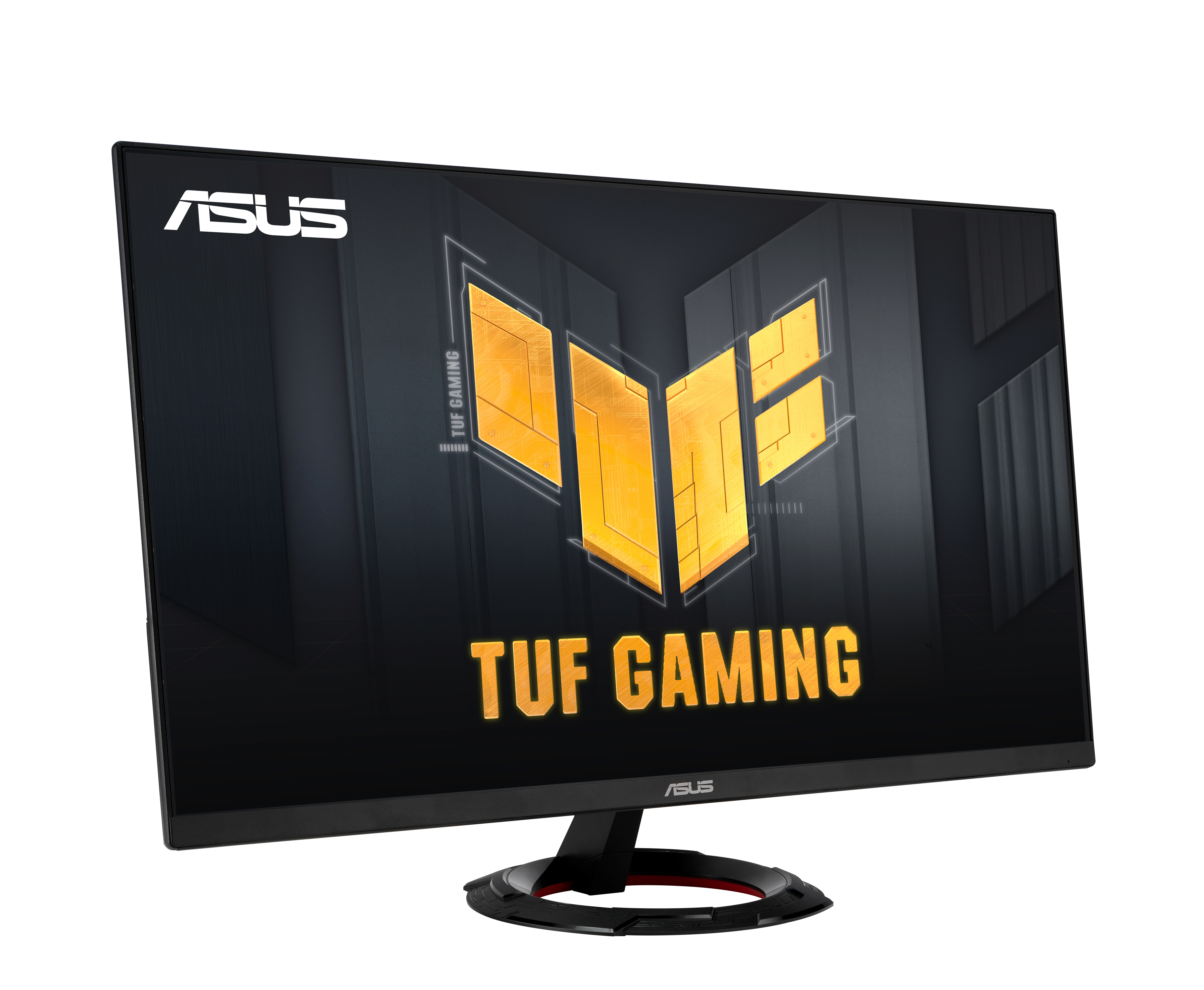 Monitor ASUS TUF Gaming z czarną ramką, żółtym logo i czarną podstawką.