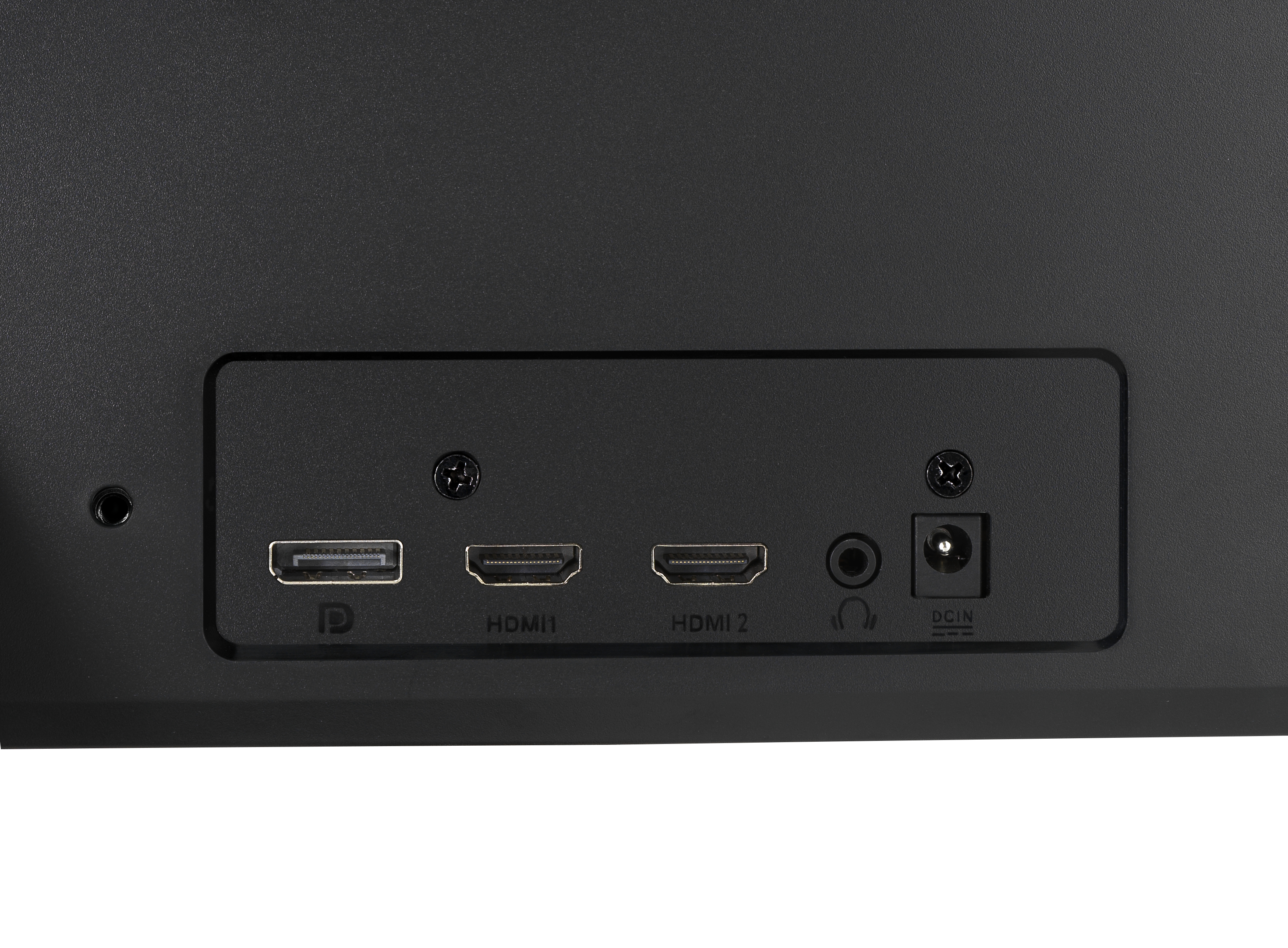 Nahaufnahme der Monitoranschlüsse: ID, HDMI 1 & 2, Kopfhöreranschluss und DC IN.