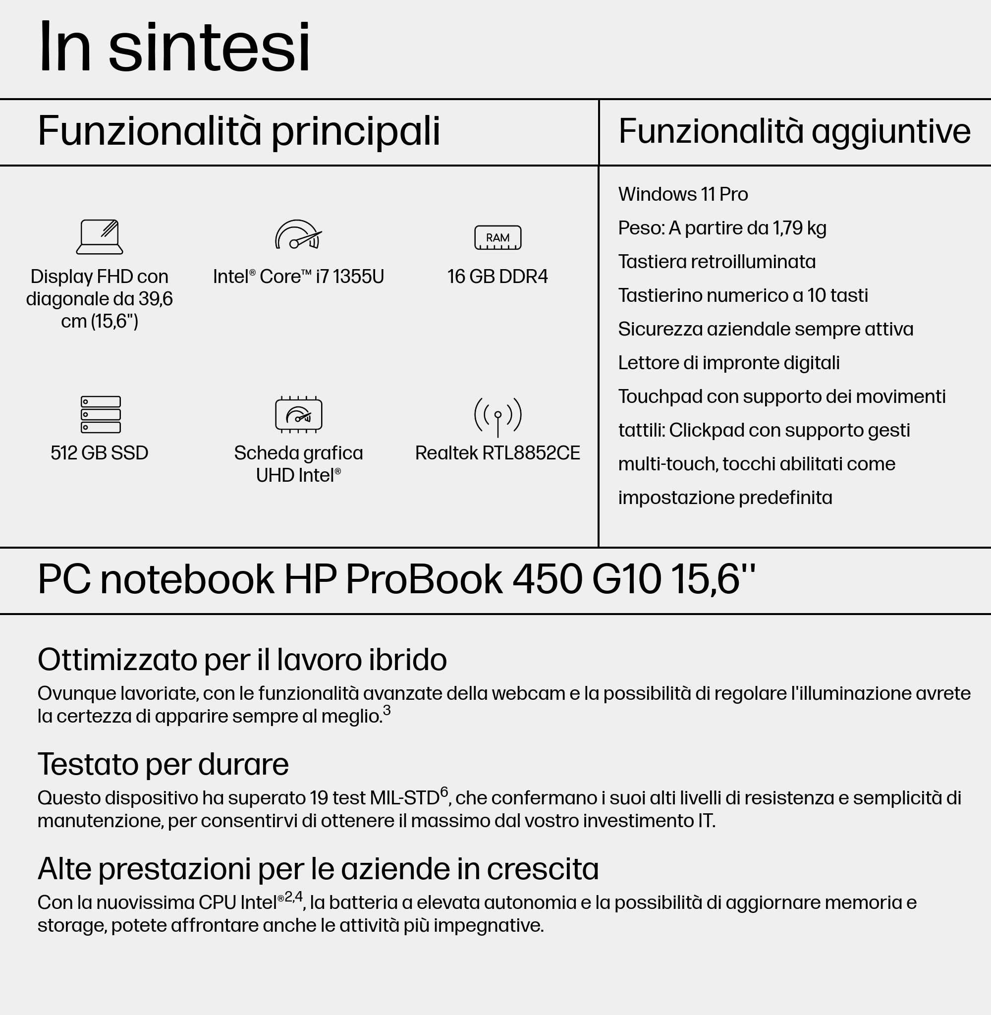 Testo informativo sulle funzionalità del notebook HP ProBook, incluse funzioni e prestazioni.