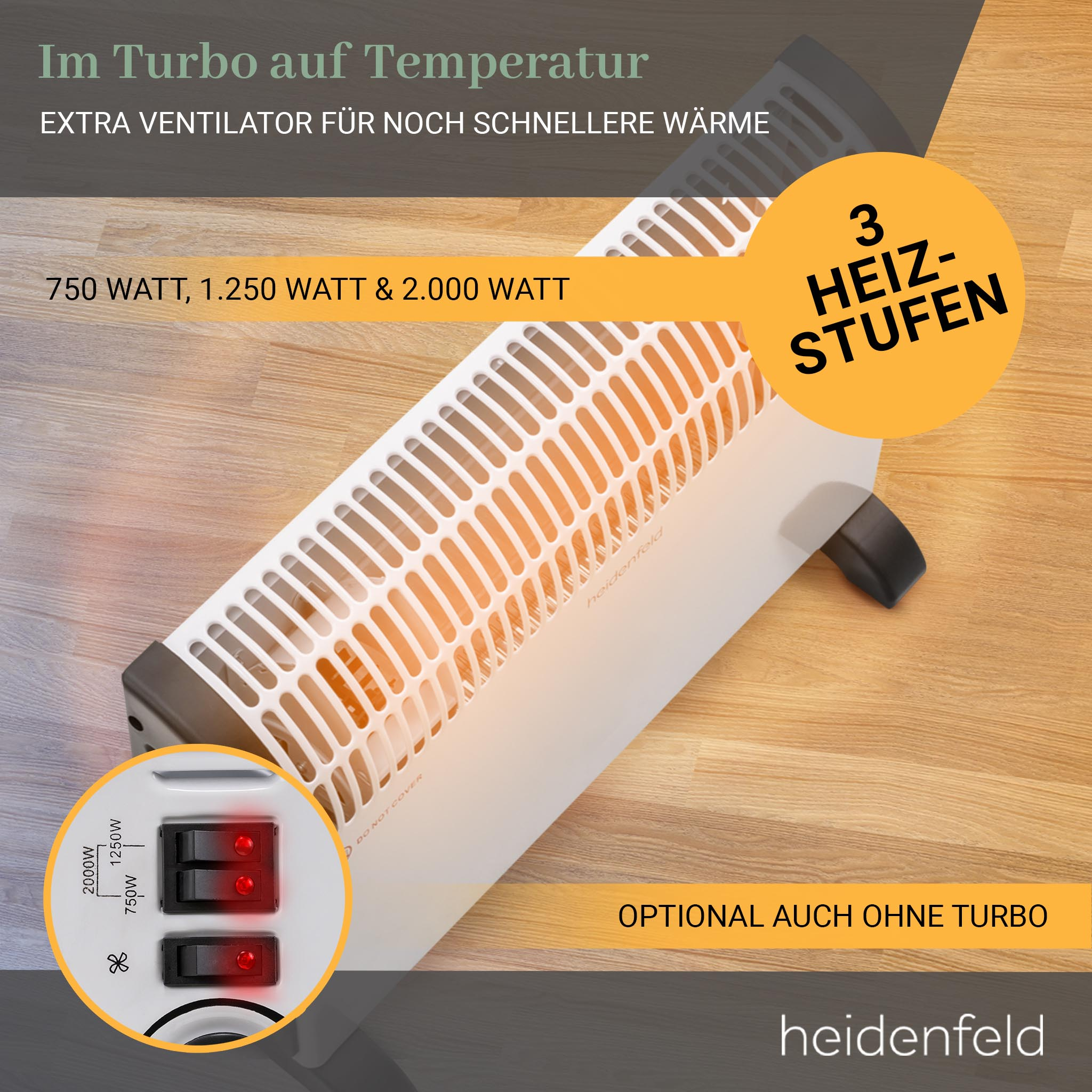 Eine weiße Heizung mit Bedienfeld und Holzboden im Hintergrund.