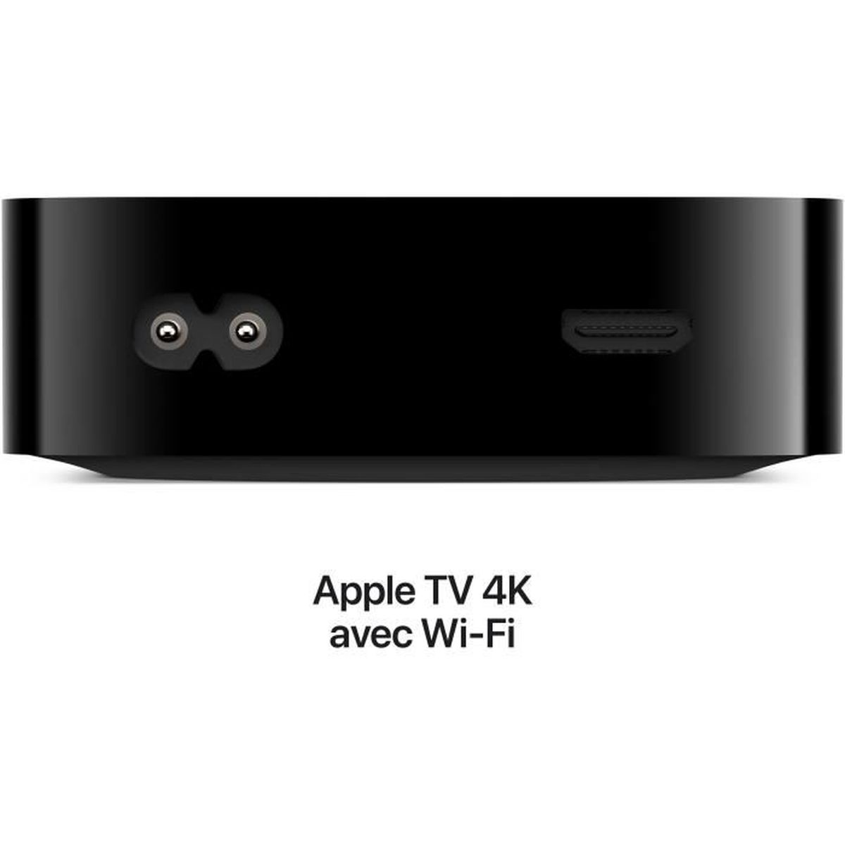 Schwarzes Apple TV 4K-Gerät mit Strom- und HDMI-Anschlüssen und dem Text 'Apple TV 4K avec Wi-Fi'.