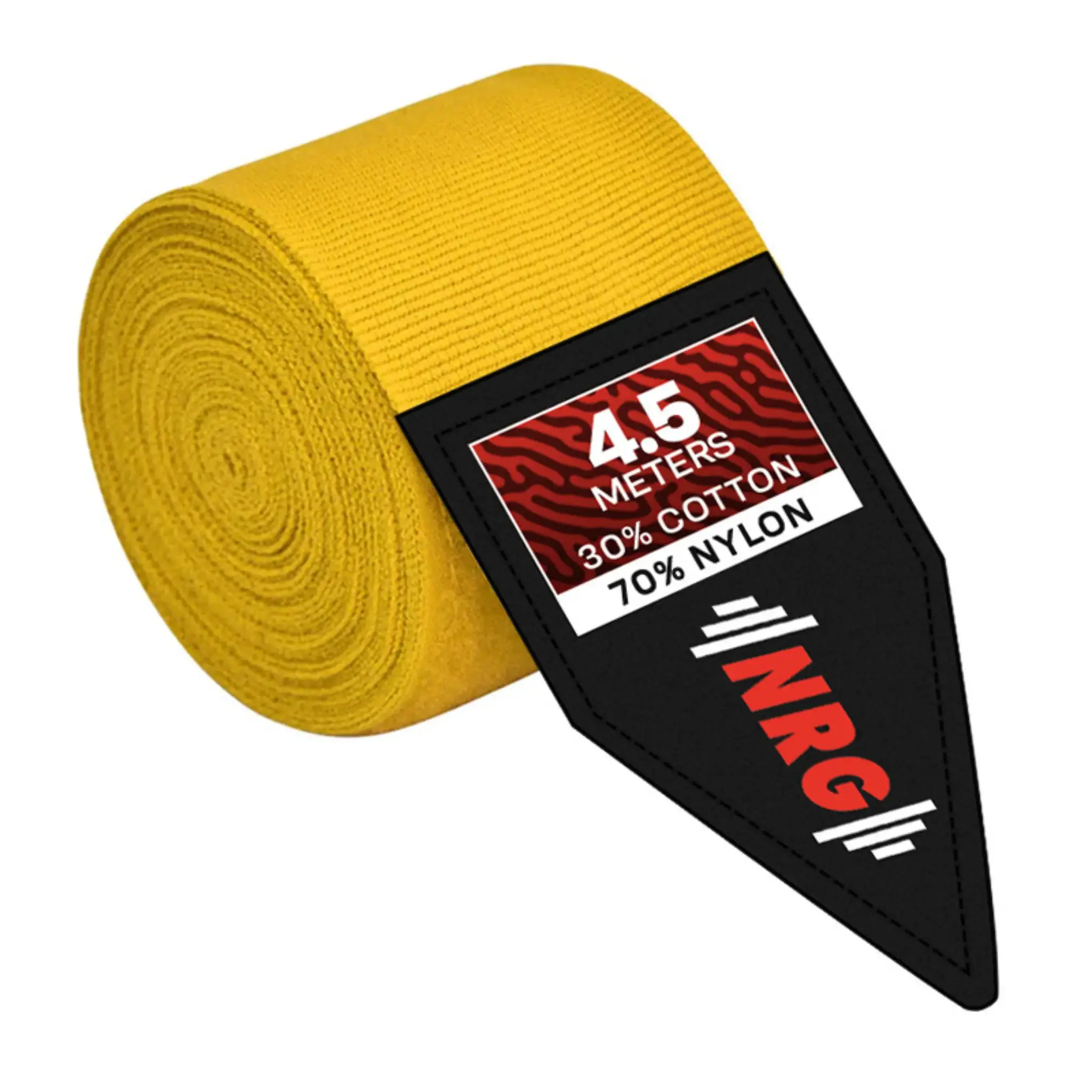 Rouleau d'enveloppement de main jaune avec une étiquette noire. L'étiquette indique 4.5 METERS, 30% COTON, 70% NYLON et le logo NRG.