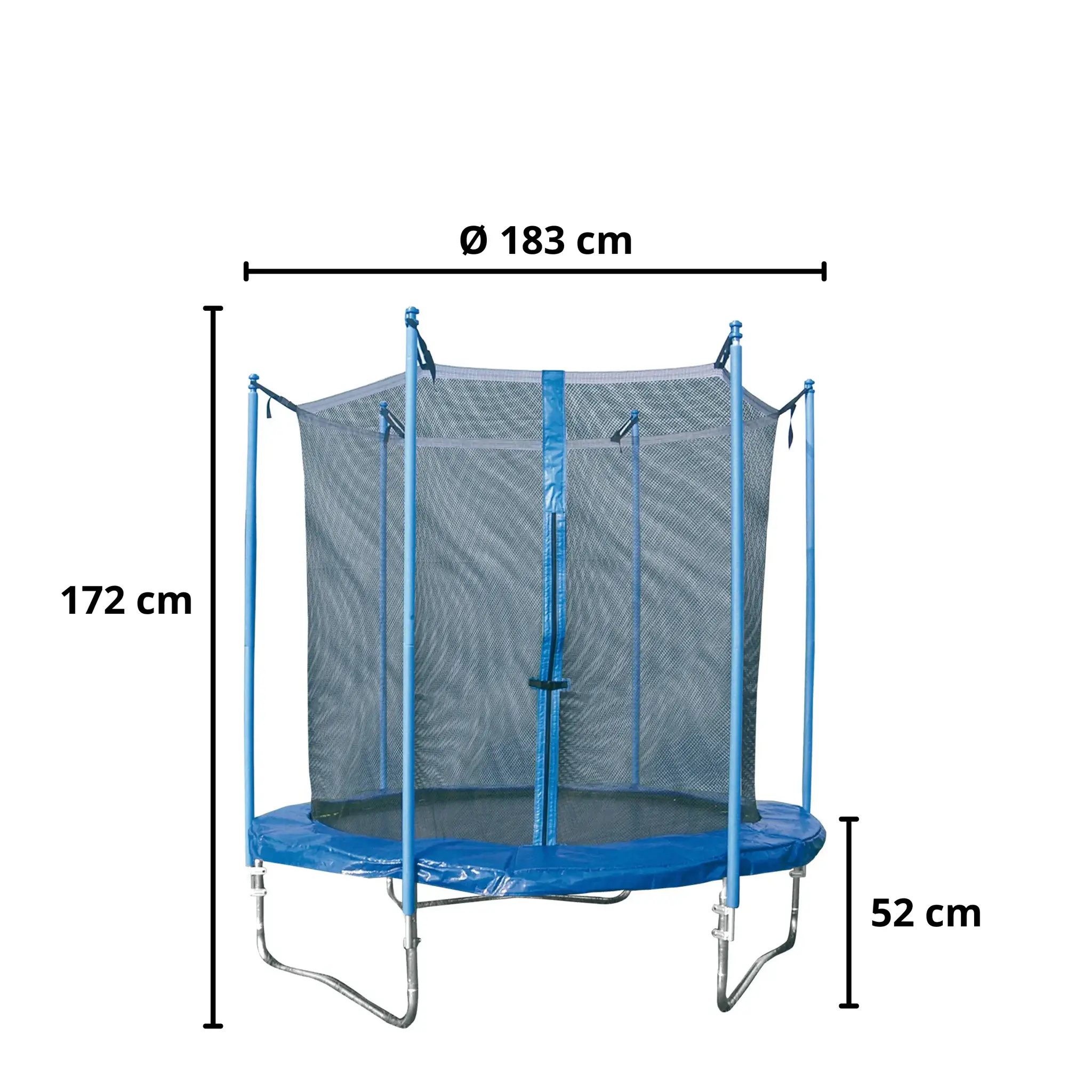 Een blauwe trampoline met veiligheidsnet, 183cm diameter en 172cm hoog.