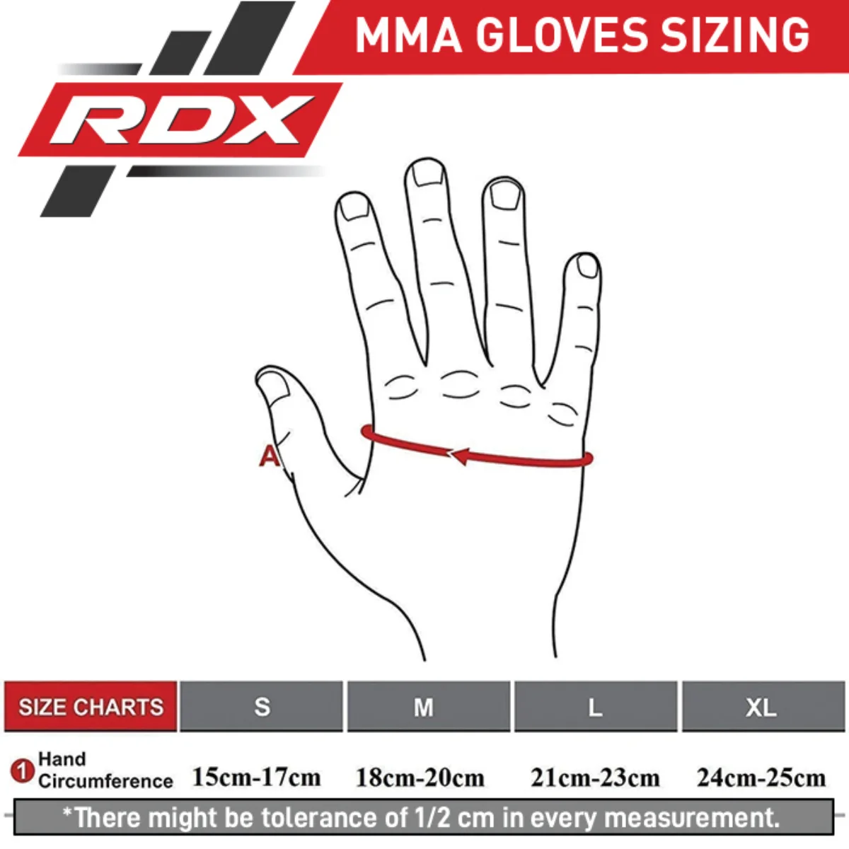 Image shows an RDX MMA gloves sizing chart. It has hand size measurements in cm for S, M, L, XL sizes, illustrated with a hand outline.