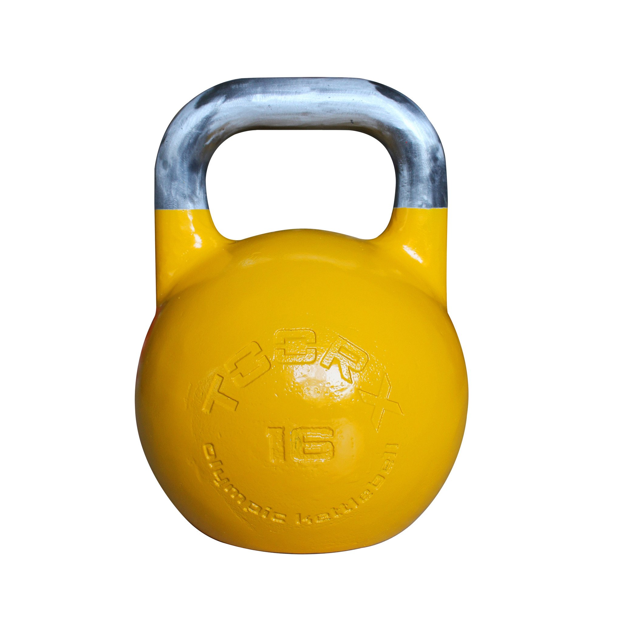 Gelbe Kettlebell mit silbernem Griff. Die Zahl '16' ist sichtbar. Weißer Hintergrund.