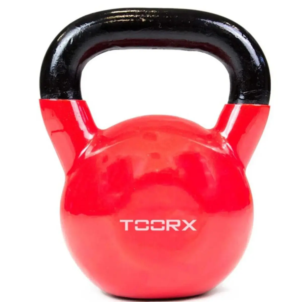 Eine rote Kettlebell mit schwarzem Griff. Die Kettlebell hat das Wort TOORX darauf.