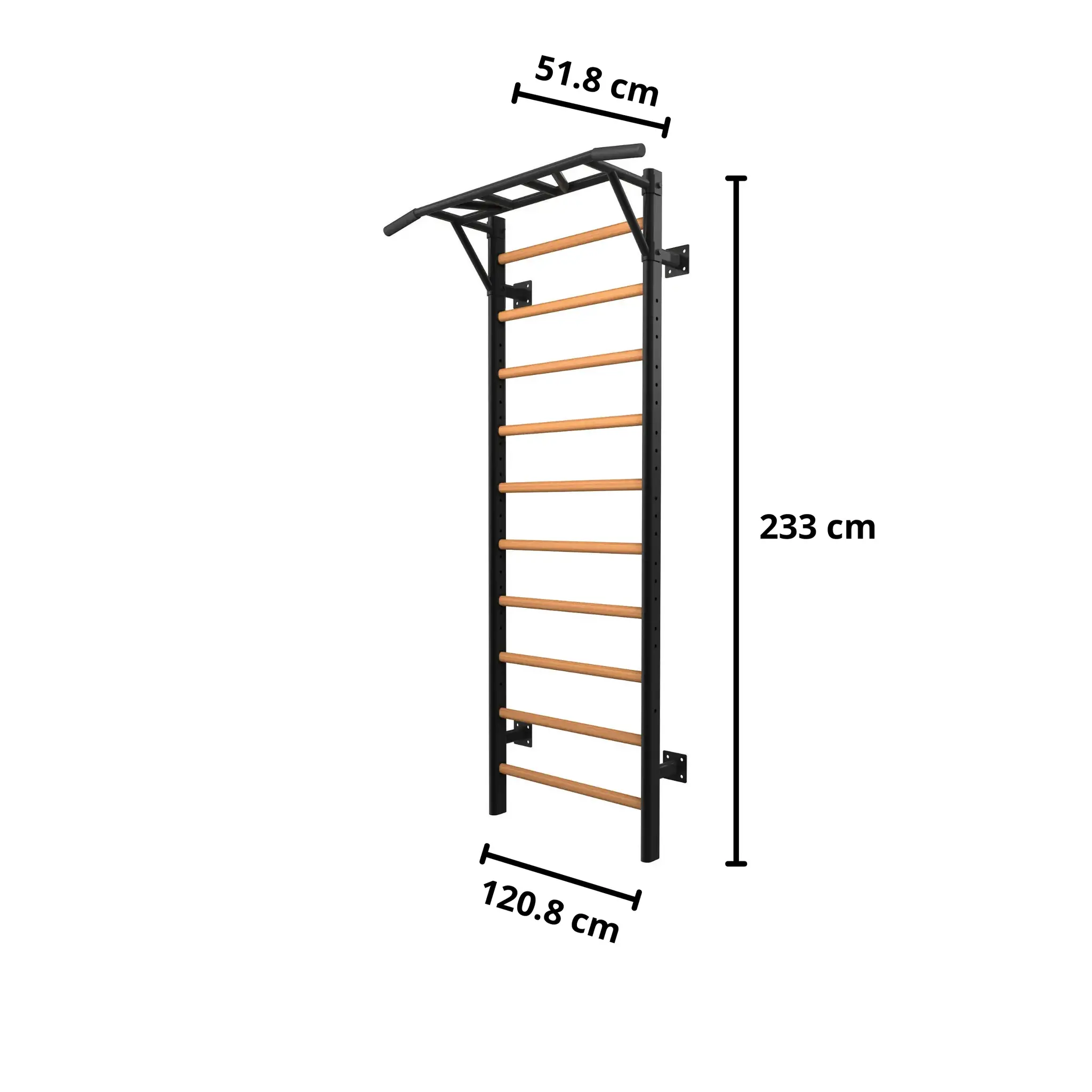 Een zwart en bruin aan de muur gemonteerd klimrek met afmetingen in centimeters.