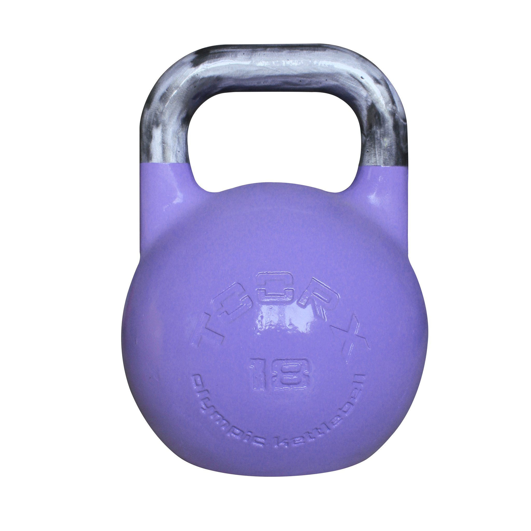 Eine lilafarbene Kettlebell mit einem silbernen Griff. Es hat die Zahl 18 darauf. Weißer Hintergrund.