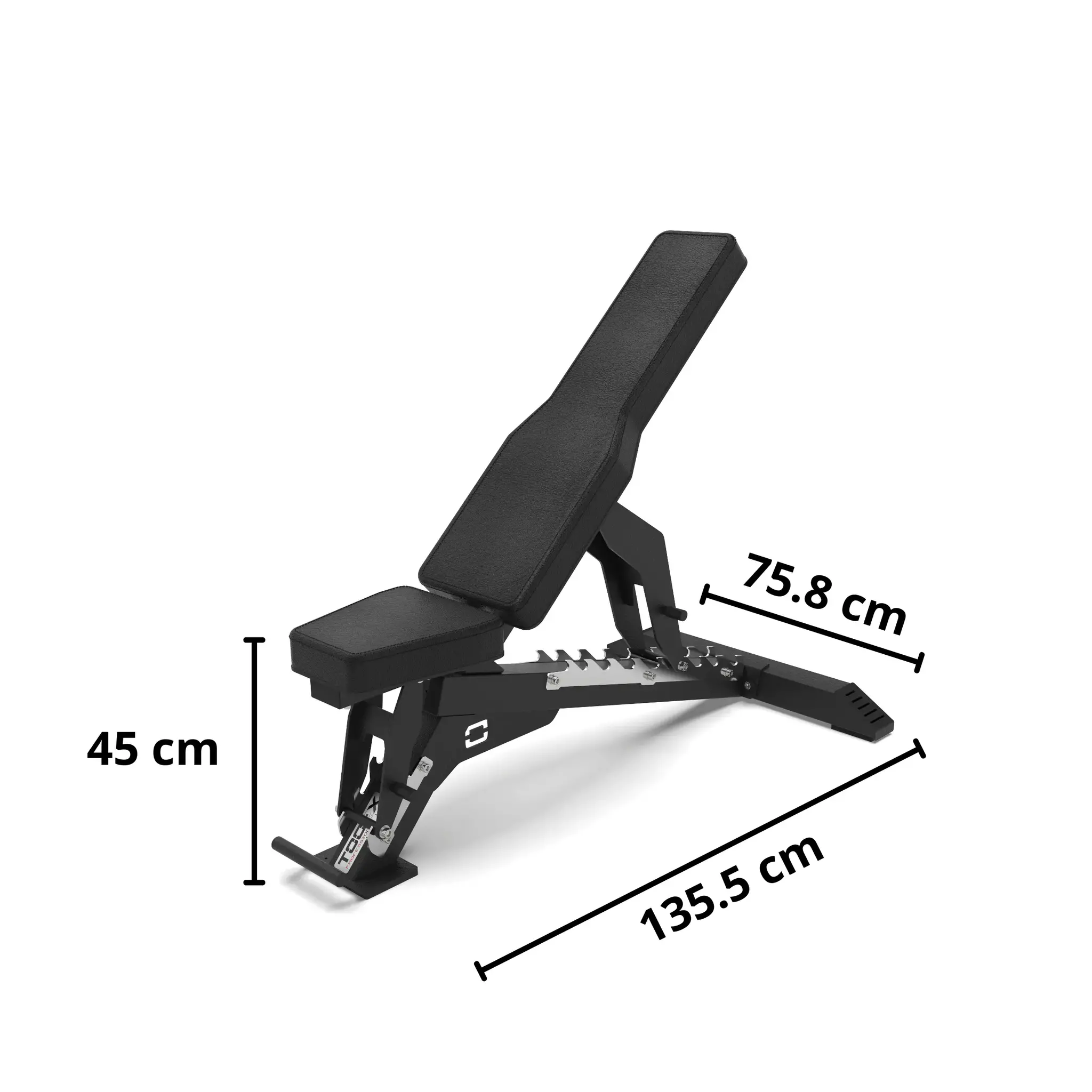 An adjustable black weight bench with measurements shown in centimeters.