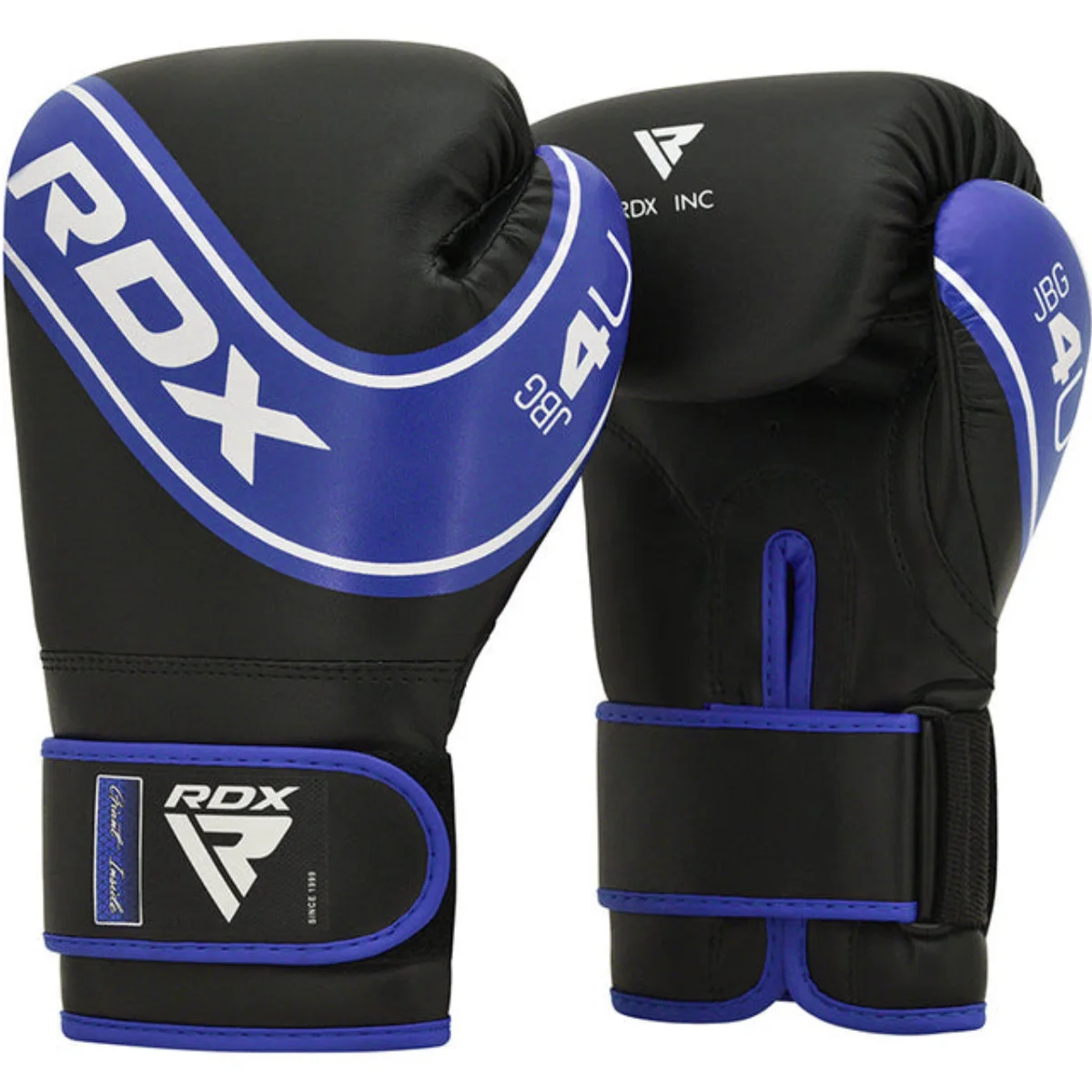 Two black and blue boxing gloves. The brand name RDX is visible. Gloves have blue accents and white text.