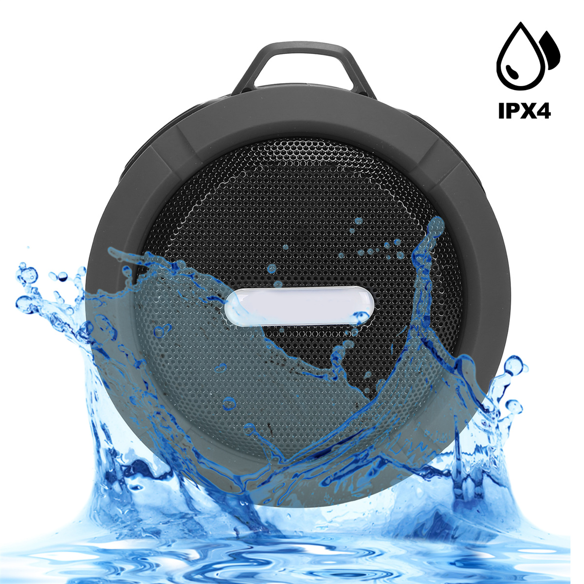 Ein kreisförmiger, dunkelgrauer Lautsprecher mit Wasserspritzern, IPX4-zertifiziert, weißer Hintergrund.
