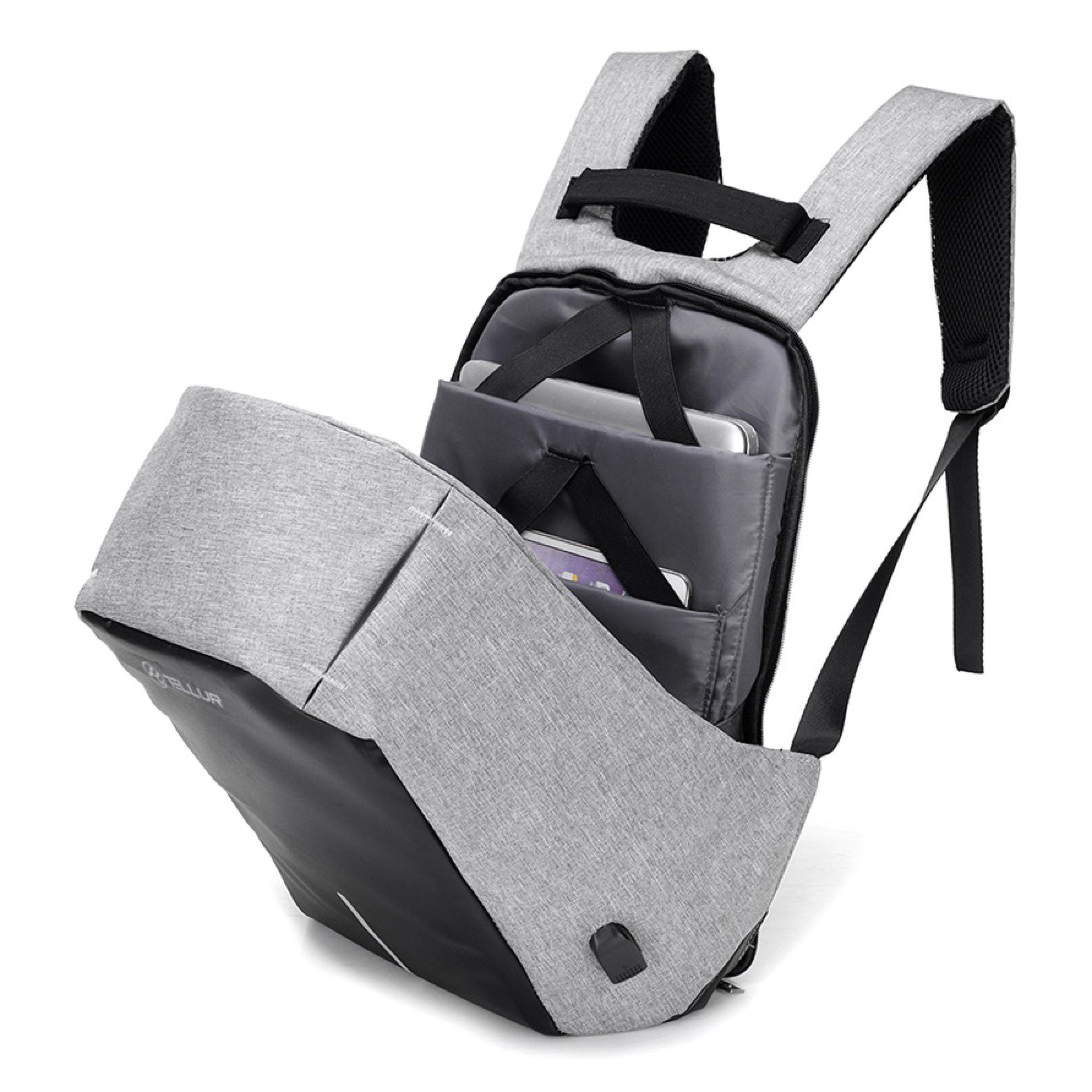 Szary plecak z czarnymi akcentami i portem USB. Otwarty, z przegródkami i laptopem w środku.