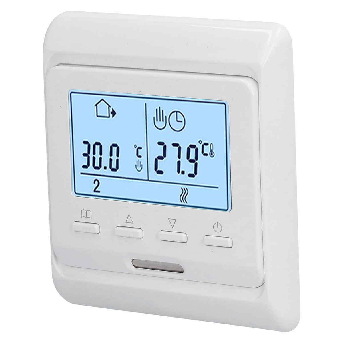 Ein weißes Thermostat mit blauem Display, das Temperaturwerte und Bedientasten anzeigt.