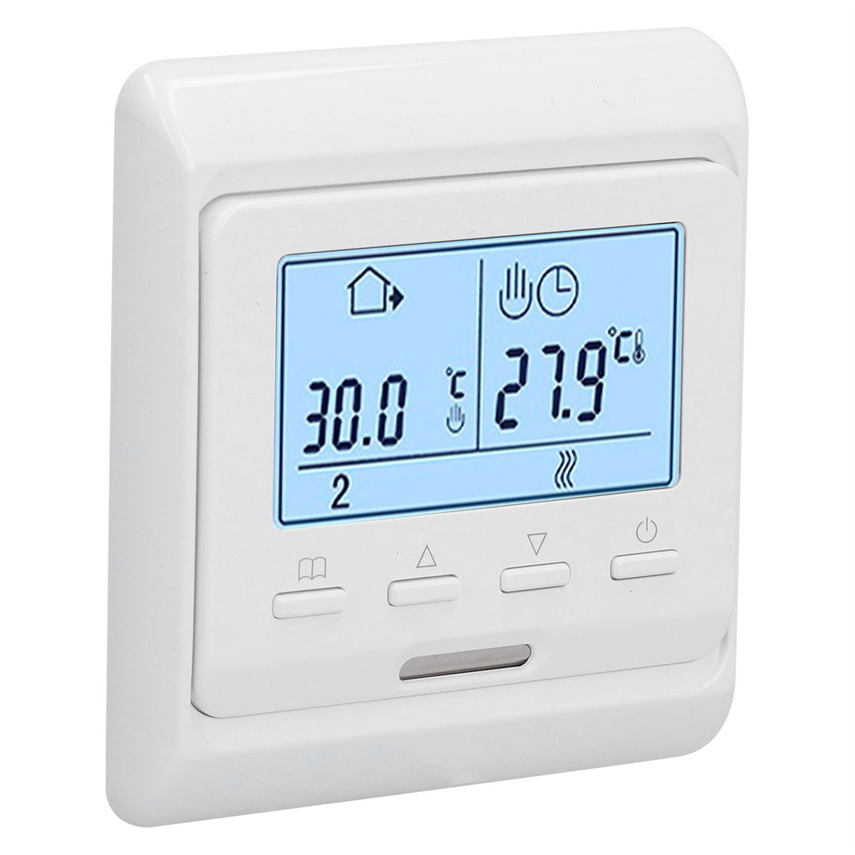 Weißer Thermostat an einer Wand. Es hat ein digitales Display mit Temperaturanzeige und Einstellungstasten.