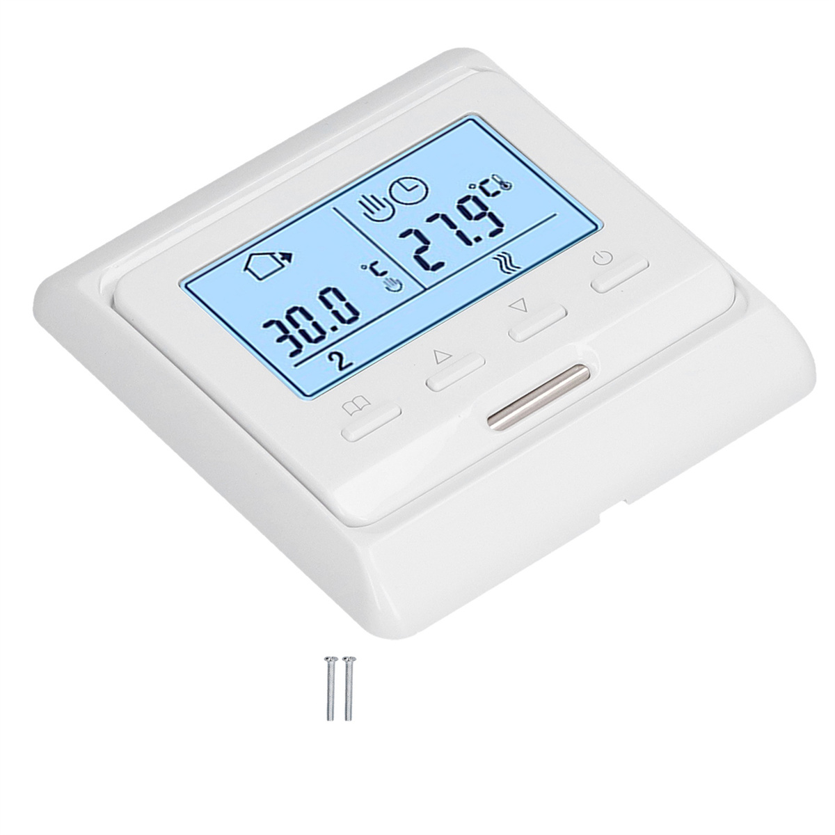 Weißes digitales Thermostat mit Display, Temperaturanzeige und Tasten.