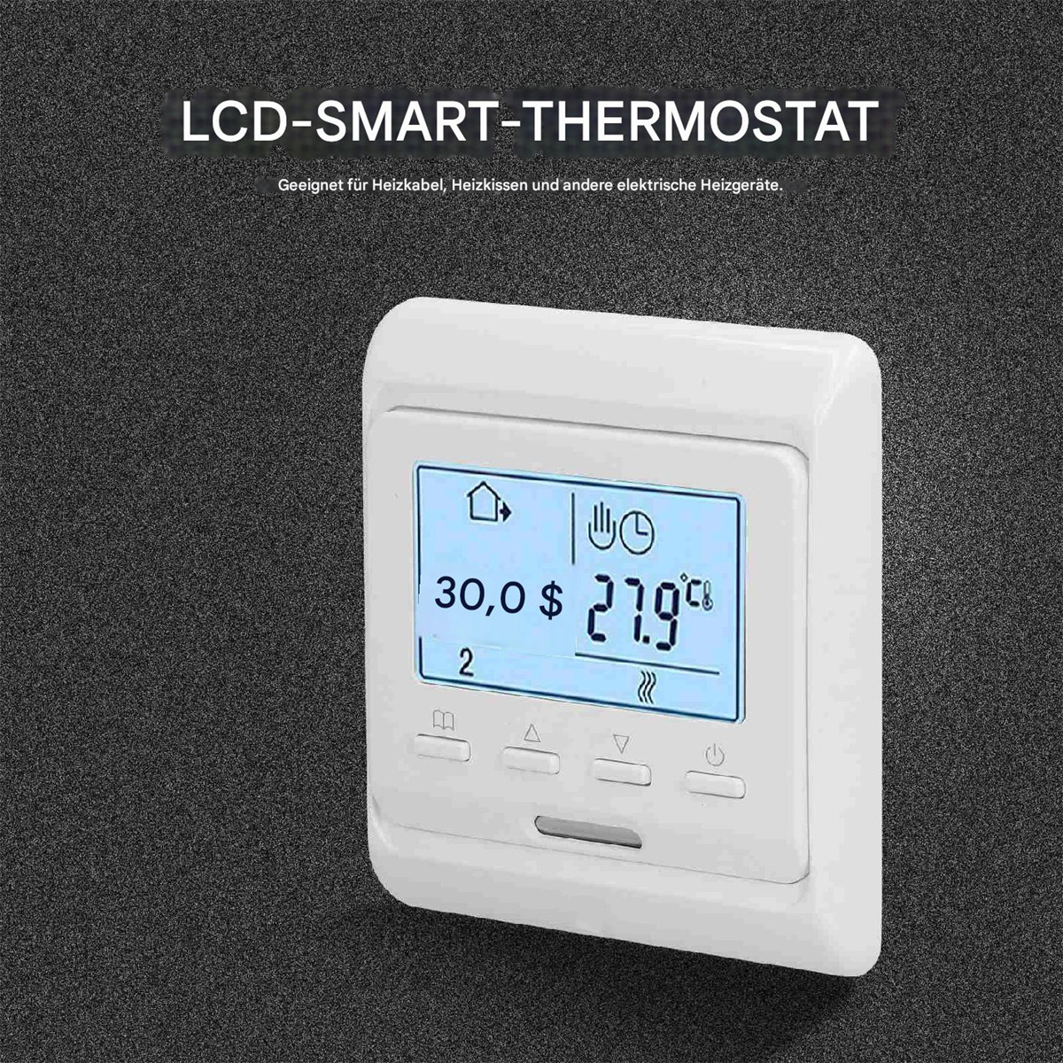 Ein weißes LCD-Thermostat mit Anzeige von Temperatur und Einstellungen, auf dunklem Hintergrund.